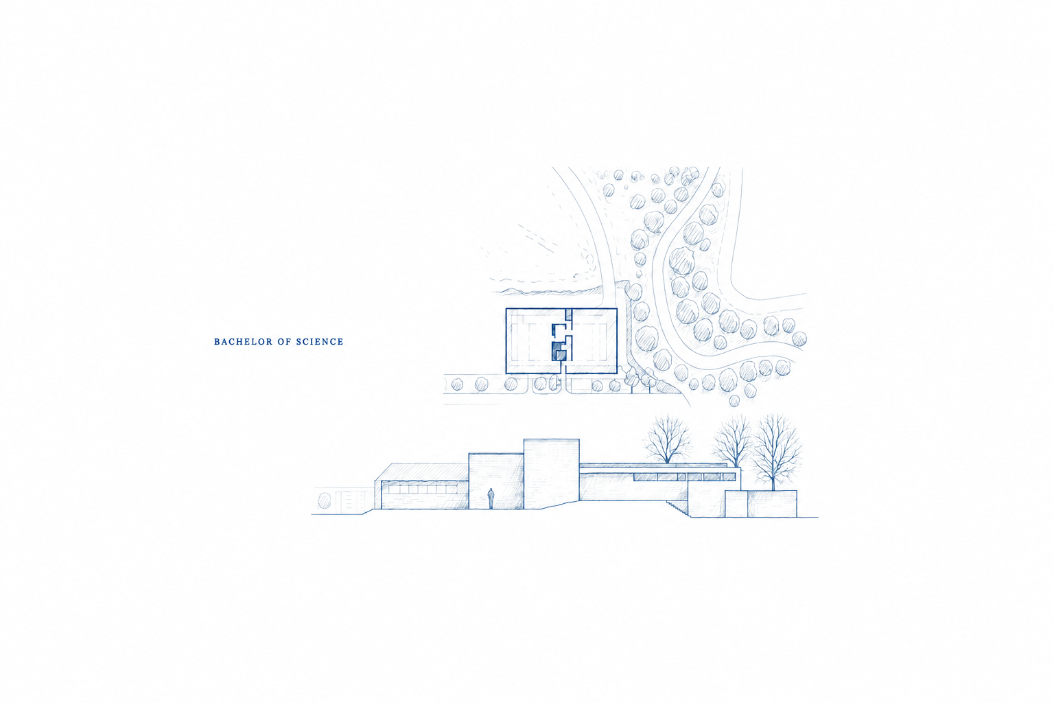 Bachelor of Science in Architecture title illustration with a site plan, building elevation, trees, and architectural linework.