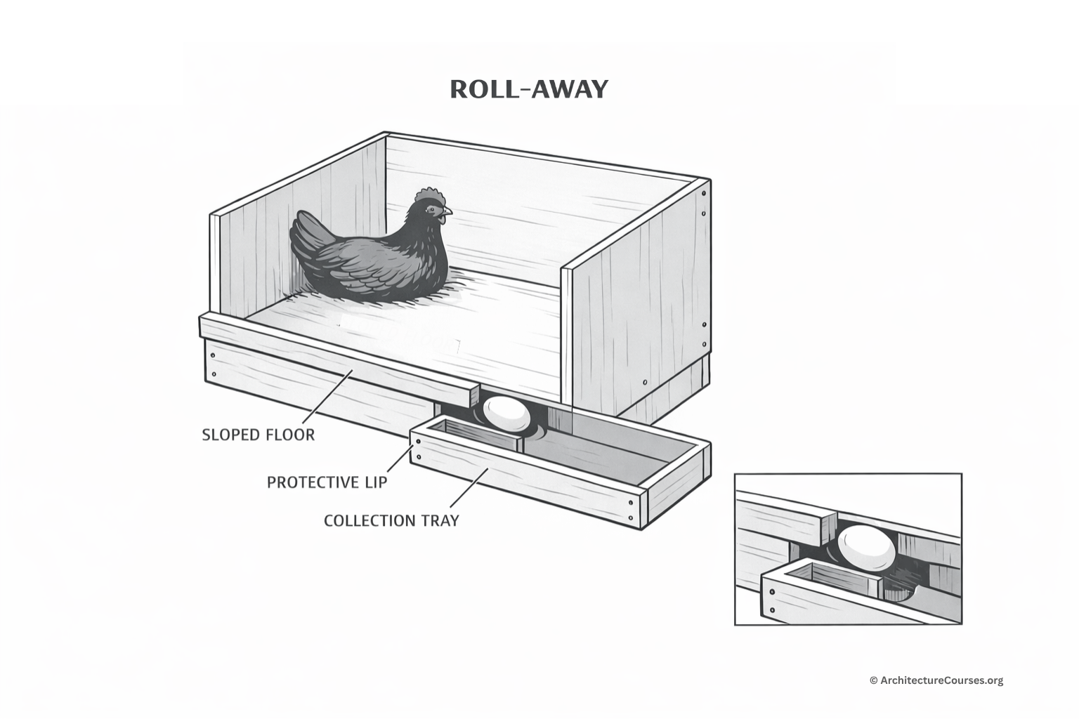 Technical illustration of a roll-away chicken nest box with sloped floor and collection tray.