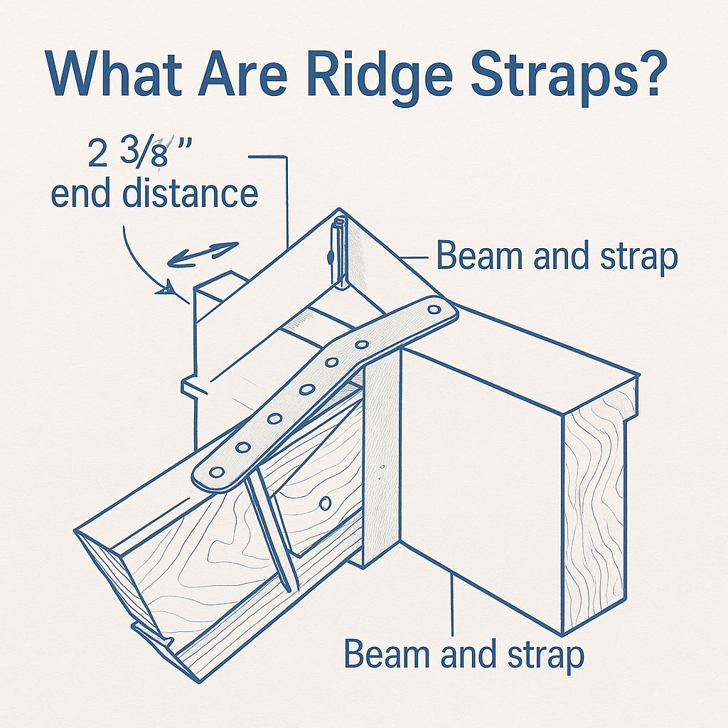 Blueprint-style illustration showing a beam and strap connection in roof framing, labeled 'What Are Ridge Straps?' with dimension and end distance callouts.