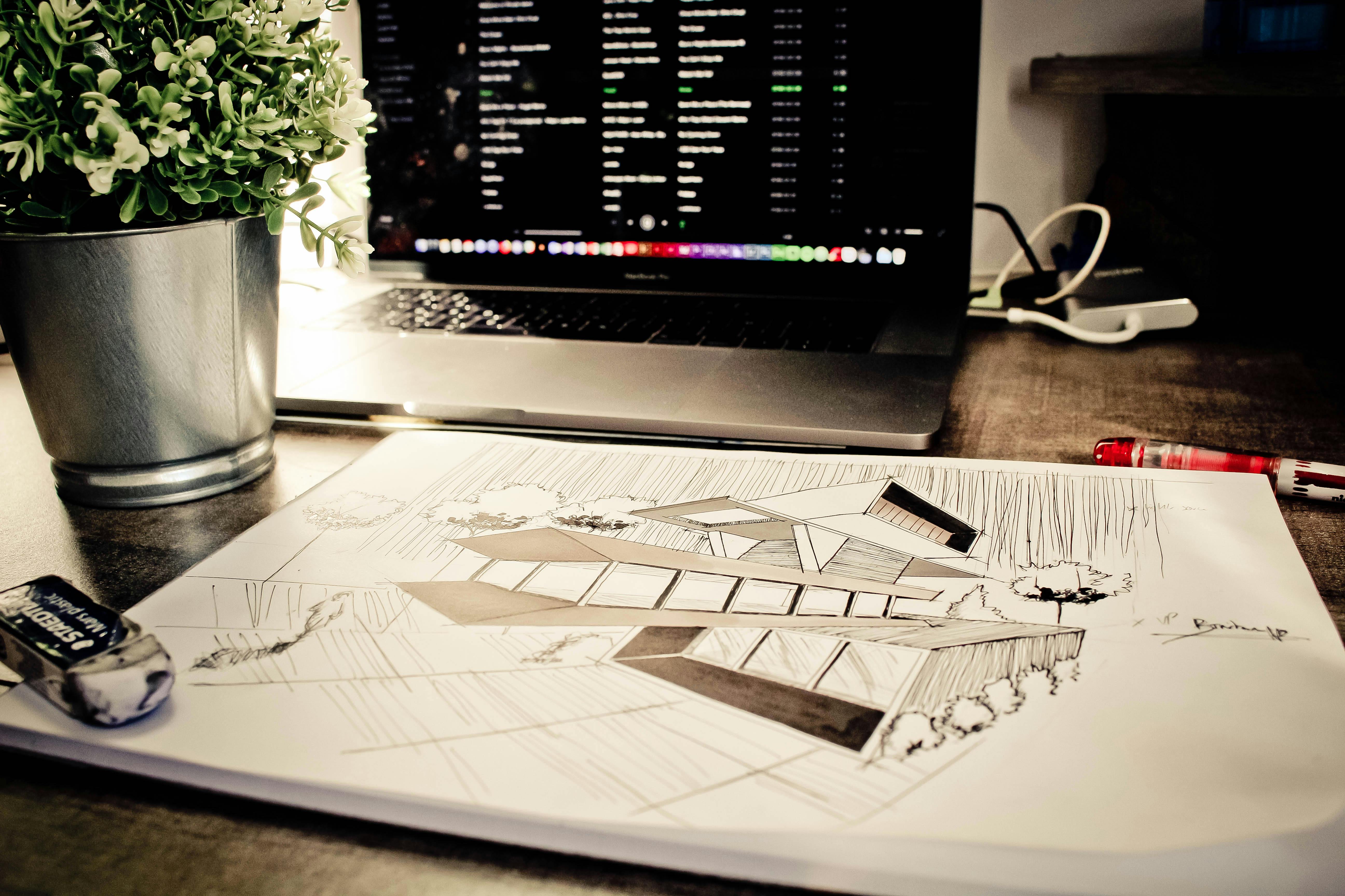Simple sketches of house, perspective box, and floor plan.