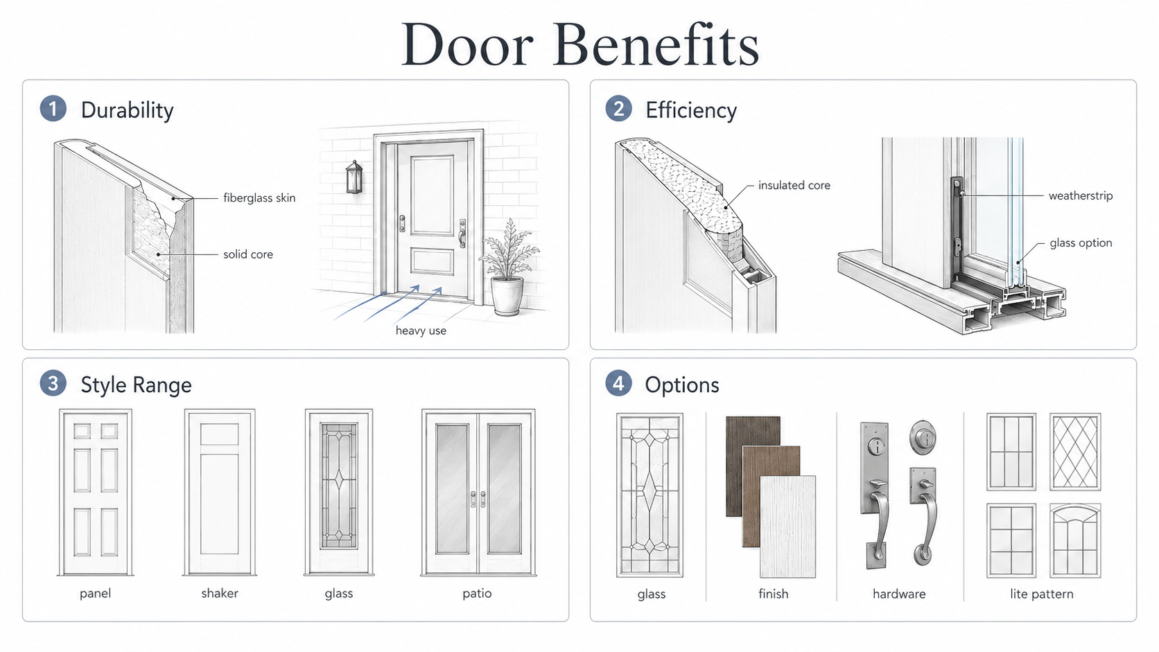 Masonite door benefits diagram showing durability, insulated exterior door efficiency, style range, glass options, finishes, hardware, and lite pattern choices.
