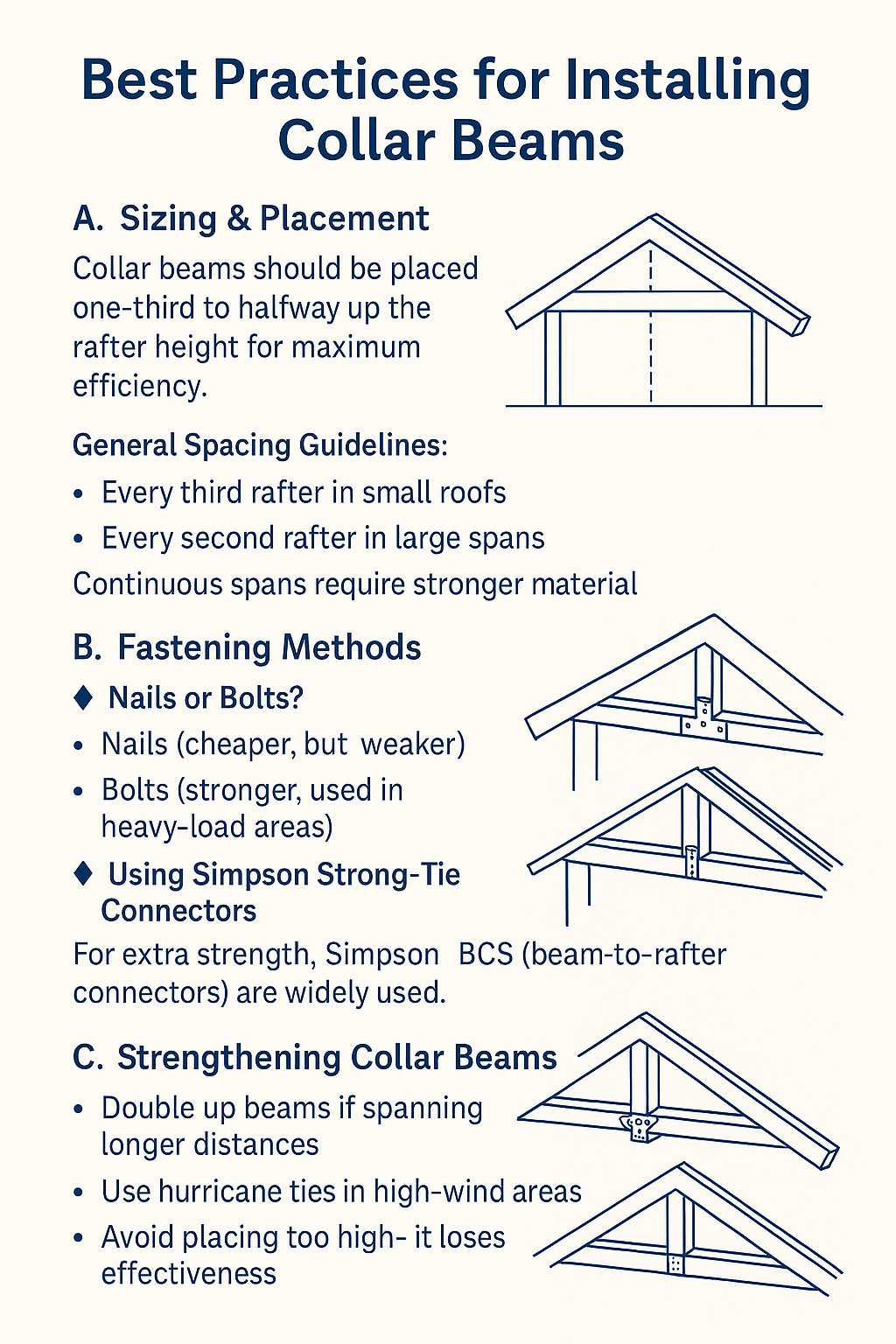 Infographic showing best practices for collar beam installation, including sizing, spacing, fastening, and structural reinforcement.