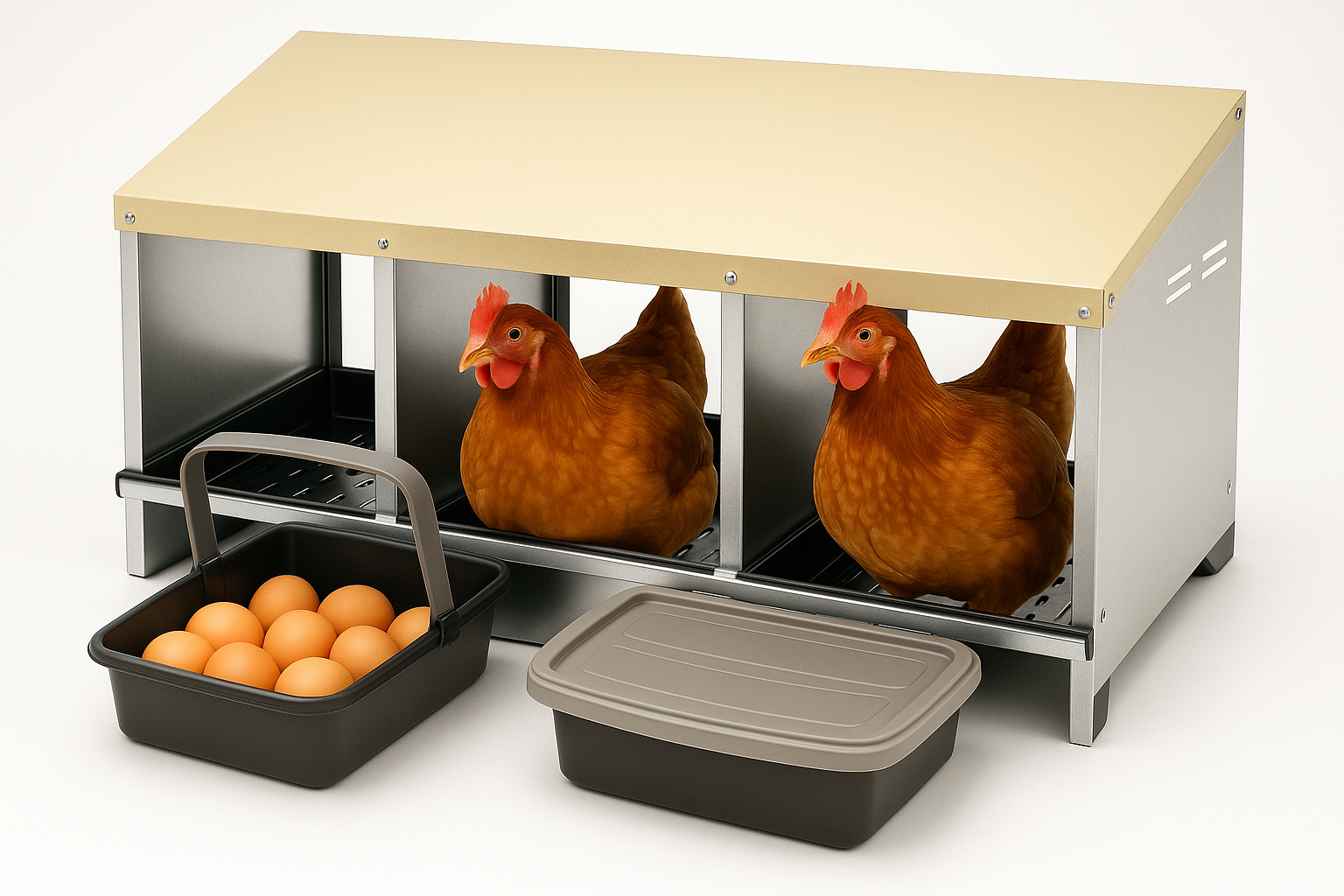 Brown triple roll-away nesting box with hen and side-view egg trays.