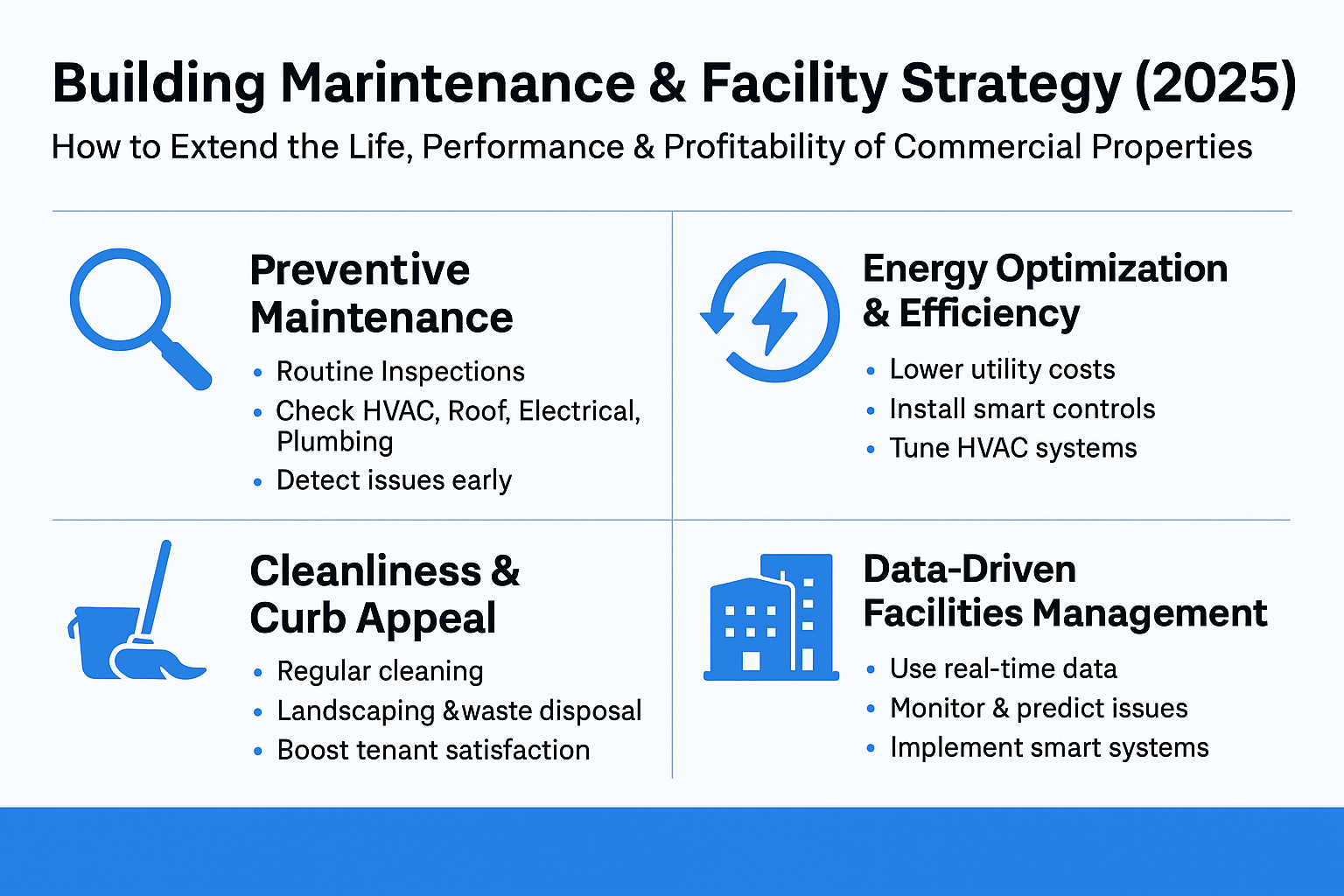 Infographic summarizing key commercial building maintenance strategies including preventive maintenance, energy efficiency, cleanliness, and data-driven facilities management.