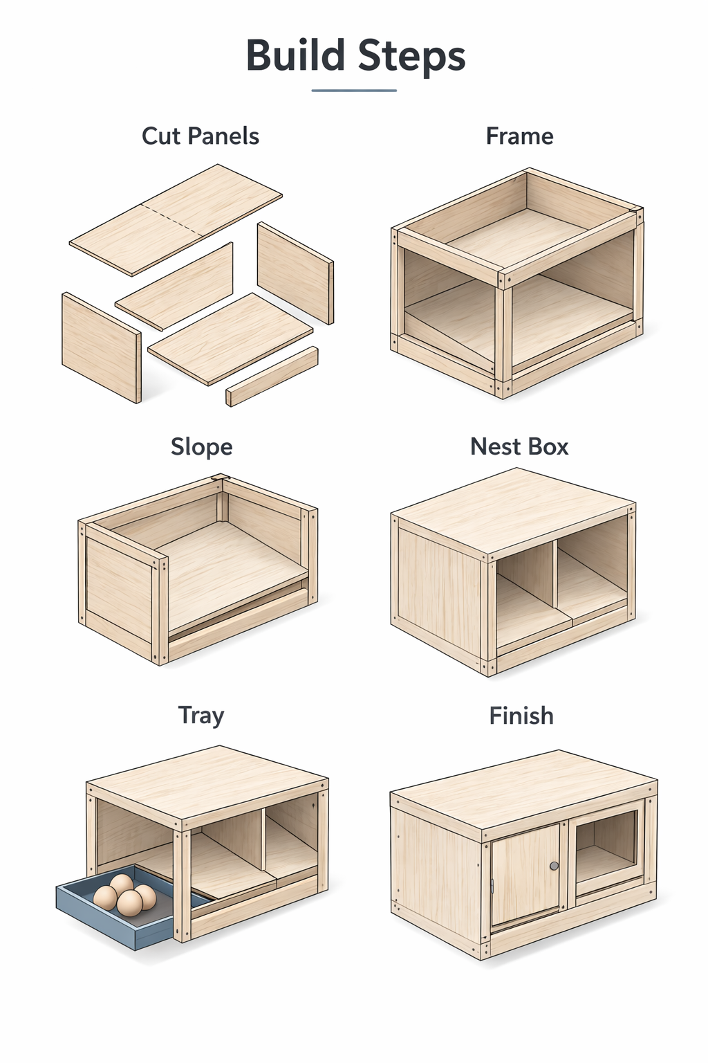 Step-by-step diagram showing how to build a DIY roll-away chicken nest box.