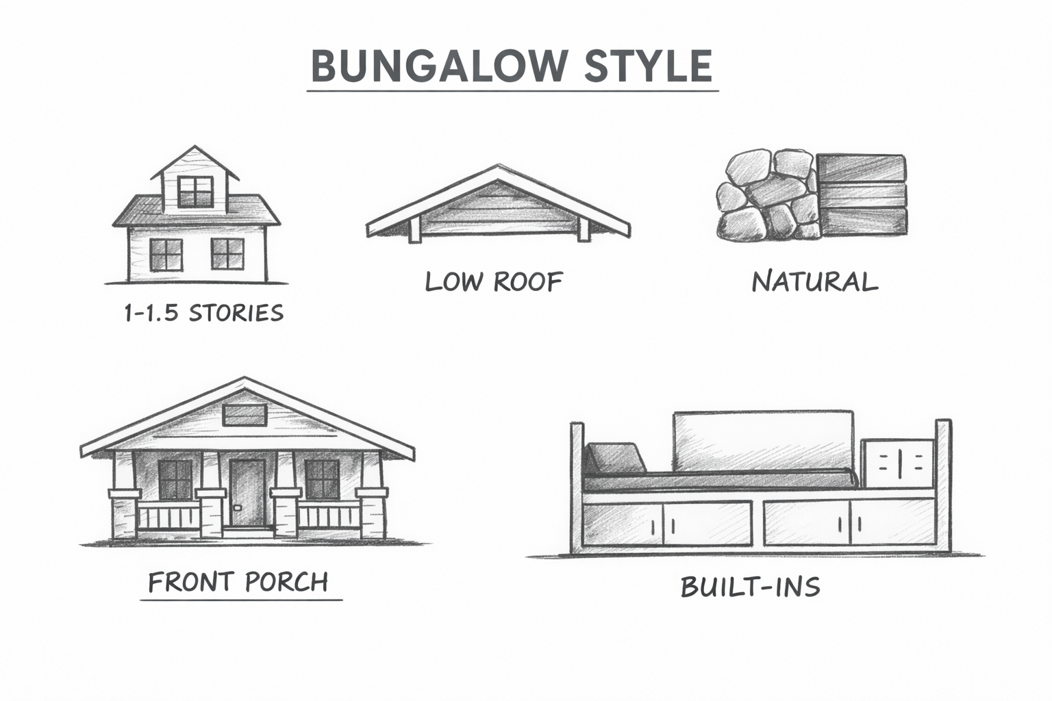 Infographic listing key bungalow features with labeled illustrations of rooflines, porch, open floor plan, and natural materials.