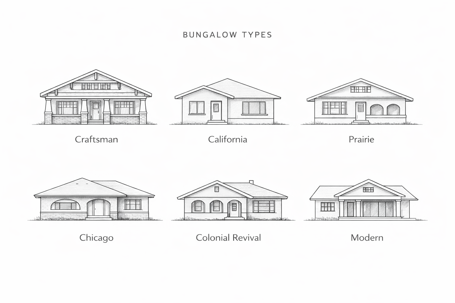  Infographic showing types of bungalows with illustrations and brief notes: Craftsman, California, Prairie, Chicago, Mission, and Modern.