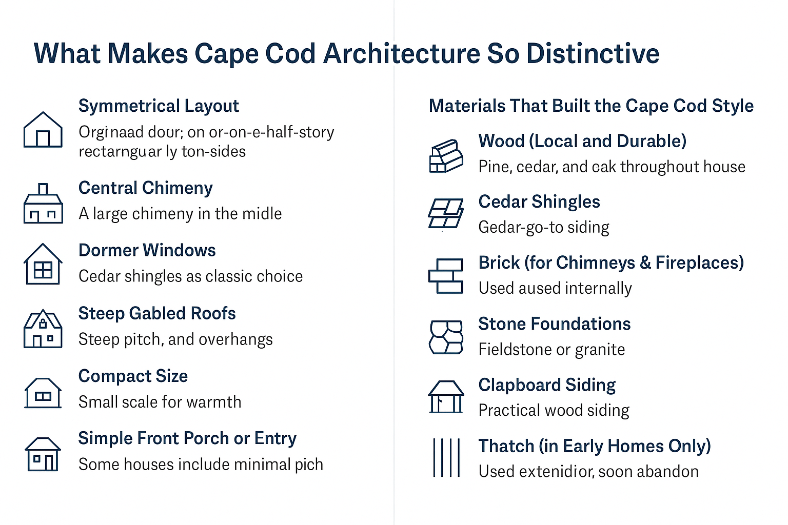 Infographic listing key Cape Cod home features and materials.