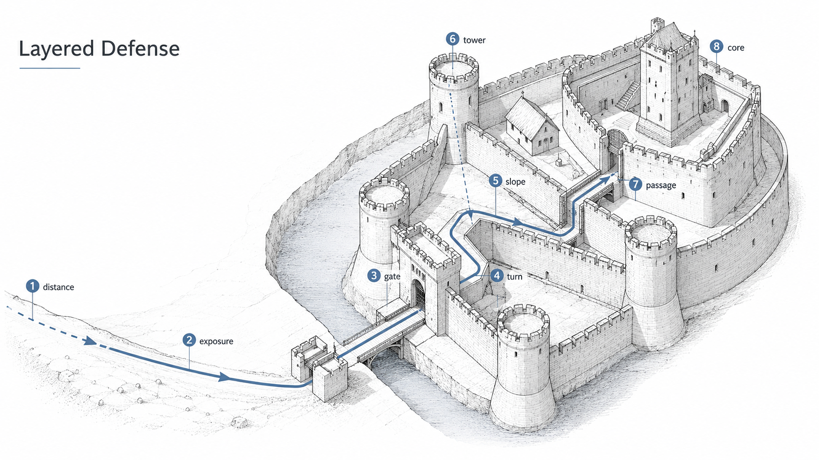 Editorial diagram of a medieval castle showing layered defenses, including distance, exposure, gates, turns, slopes, towers, narrow passages, and the protected core.
