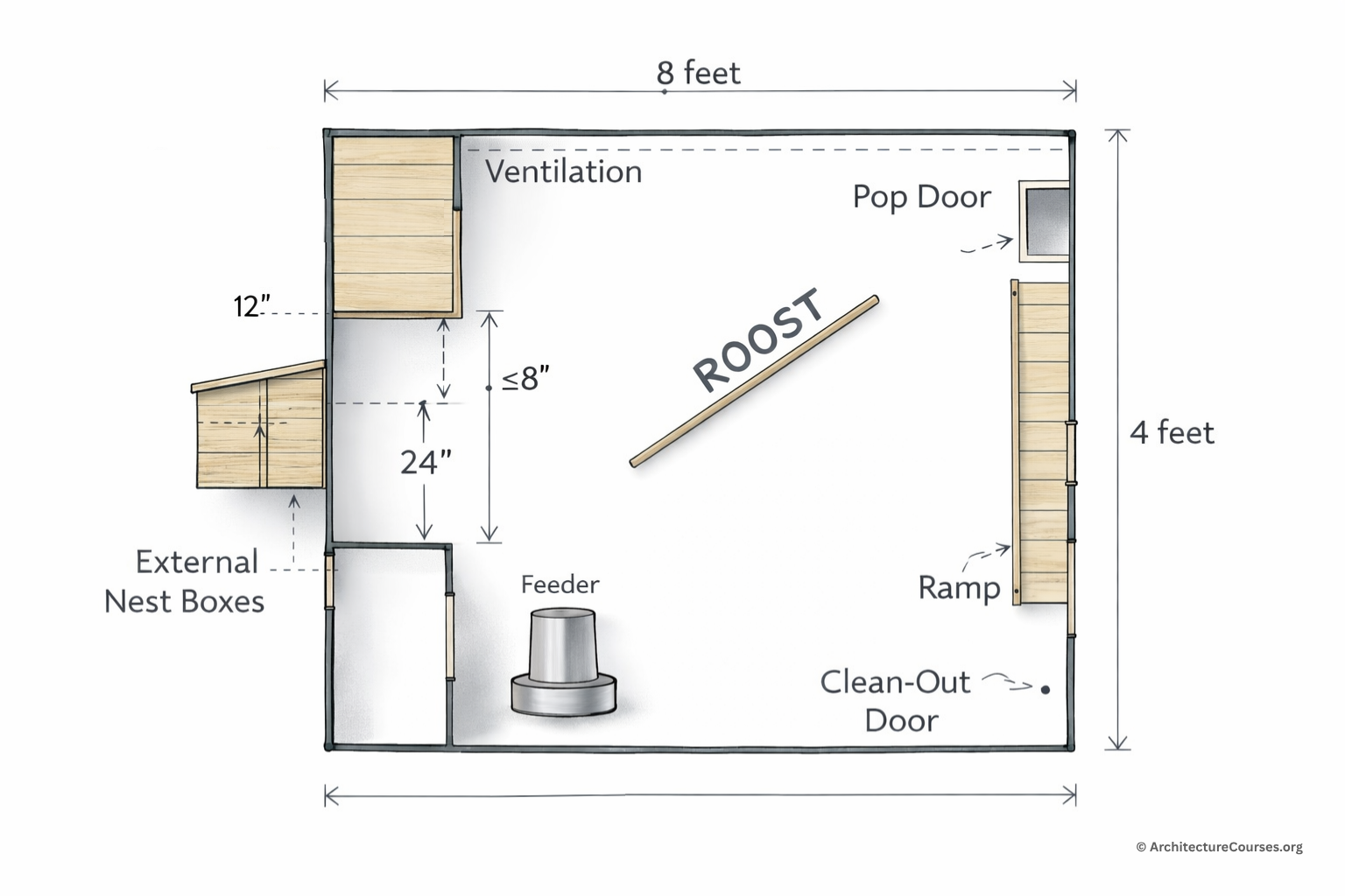Top-view chicken coop floor plan with external nest boxes, roost, pop door, ramp, feeder, and clean-out door.