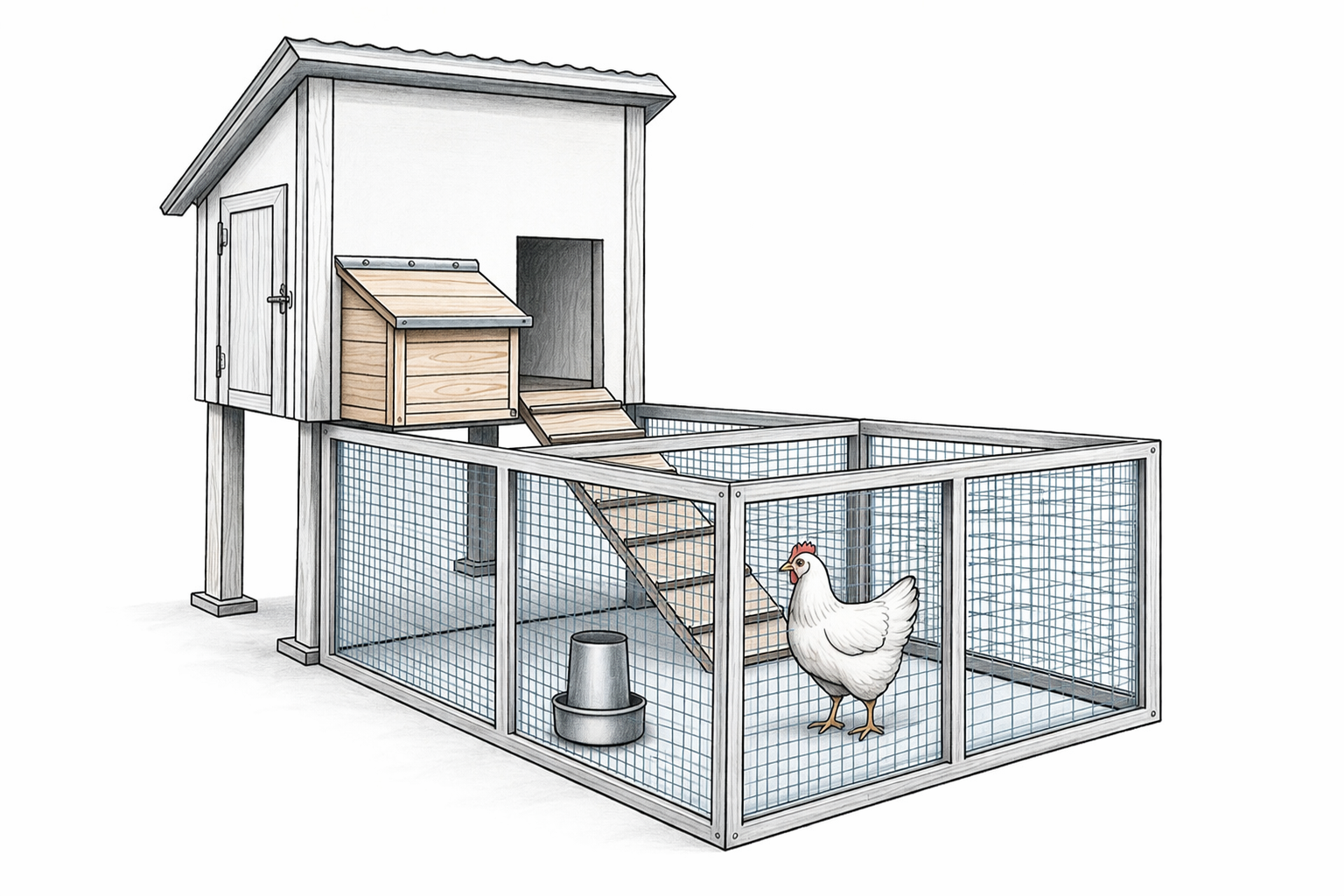 Raised chicken coop with attached run, external nest box, ramp, and feeder.