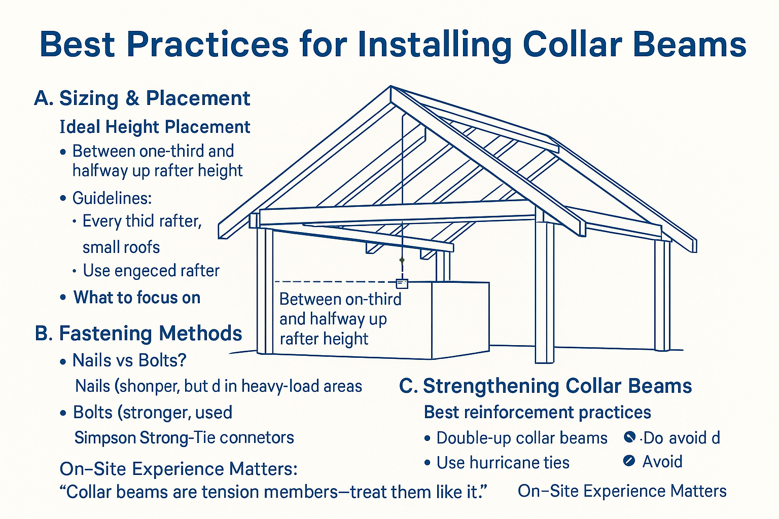 Step-by-step visual guide to proper collar beam installation with spacing, fastening, and reinforcement tips.
