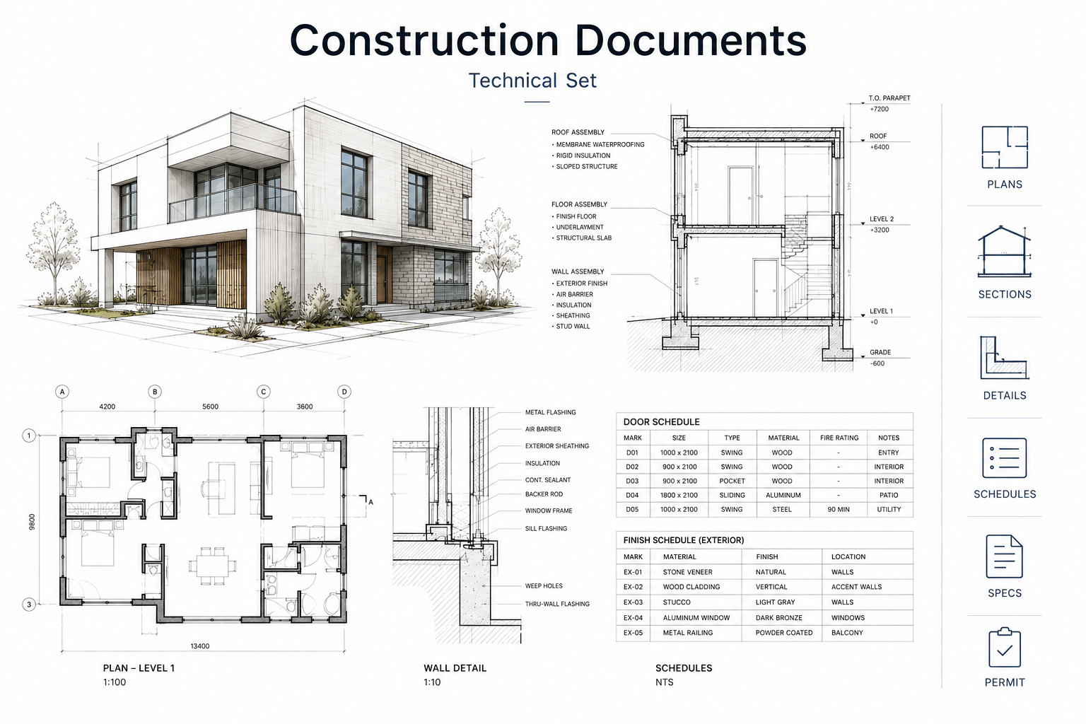 Construction documents diagram showing plans, sections, wall details, schedules, specifications, and permit drawings.