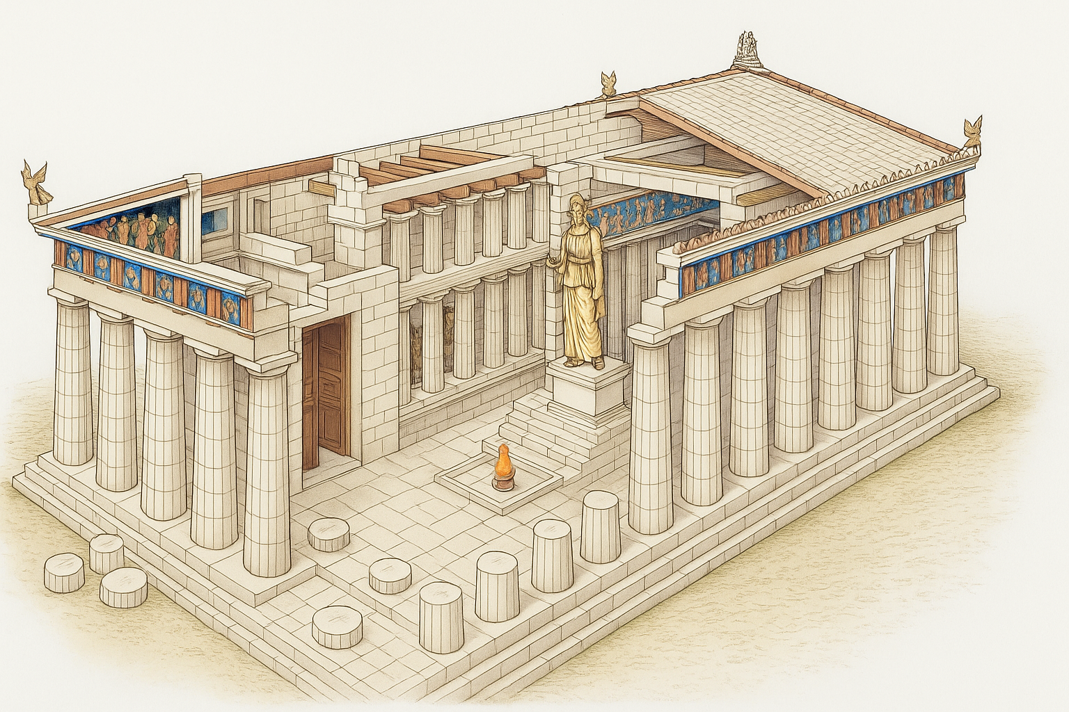 Original hand-drawn illustration of a reimagined Parthenon-style cutaway showing detailed columns, internal chambers, and a civic-focused layout.
