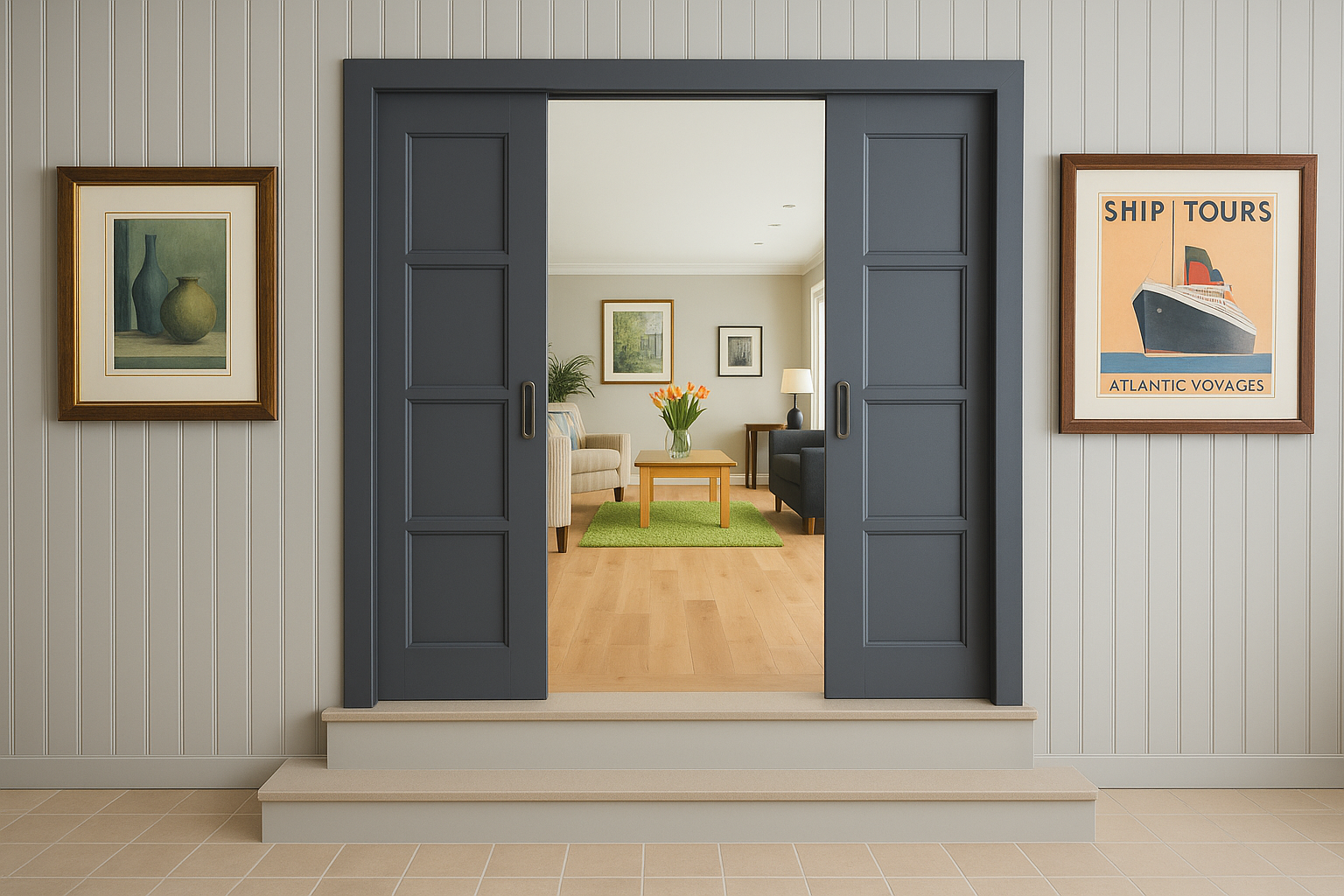 Dark pocket door in modern house opening to raised living room.