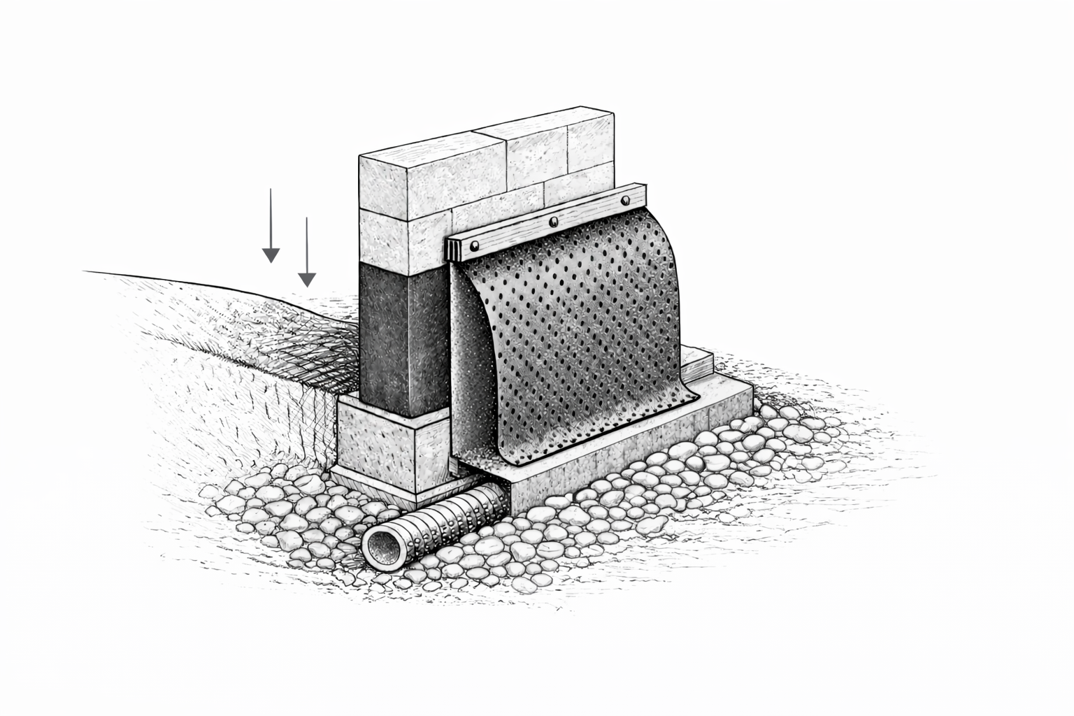 Sketch of a foundation wall with Delta-MS membrane, sealant, and French drain system