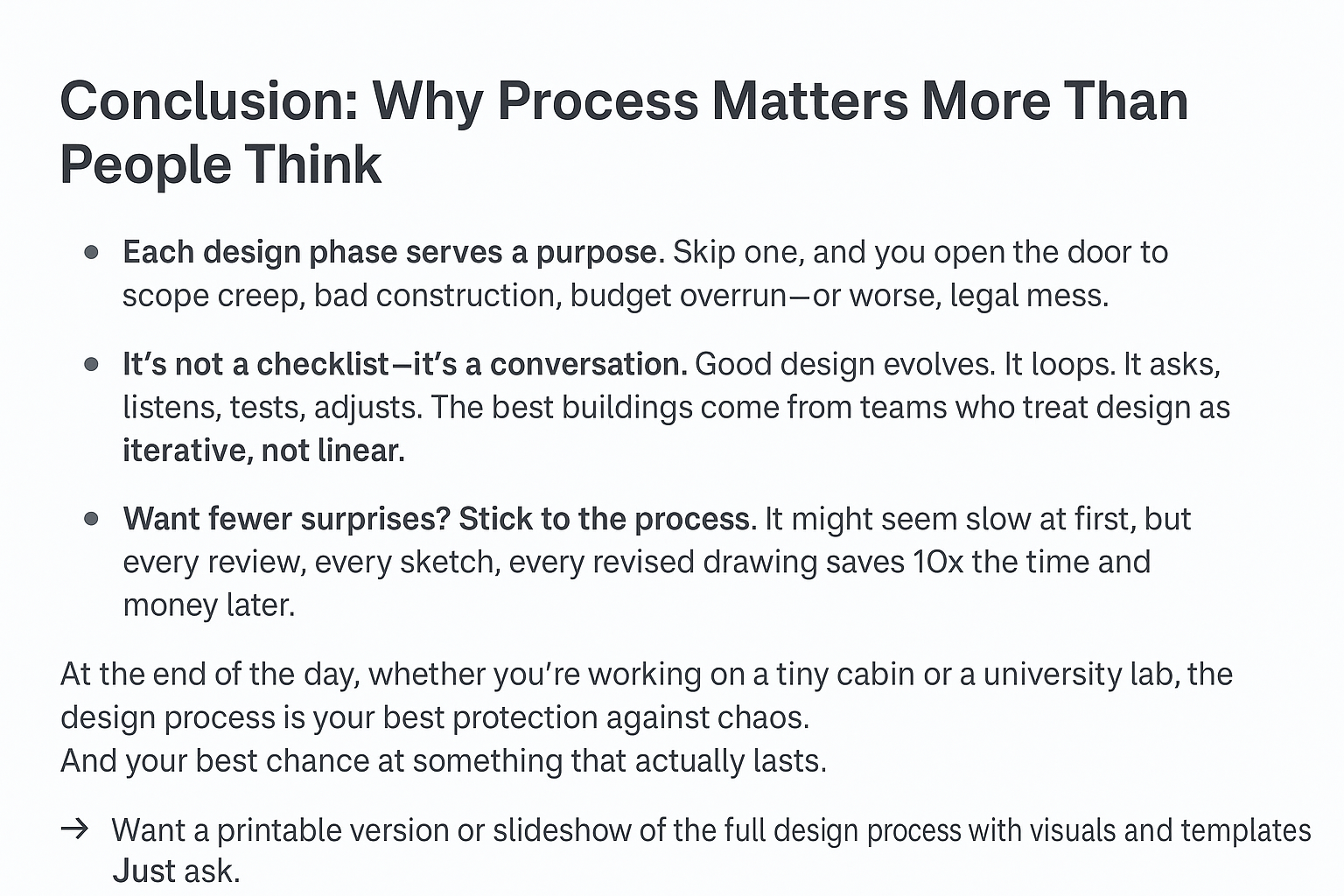 Slide listing benefits of following all design phases.