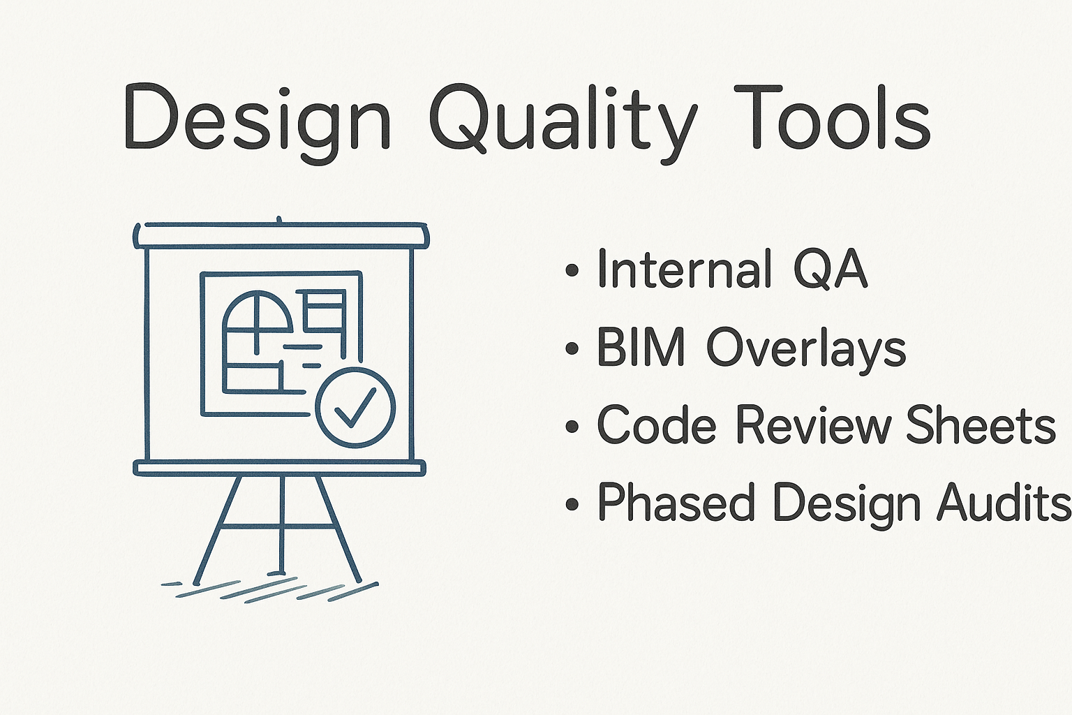 Infographic on tools used to ensure design quality in architecture.
