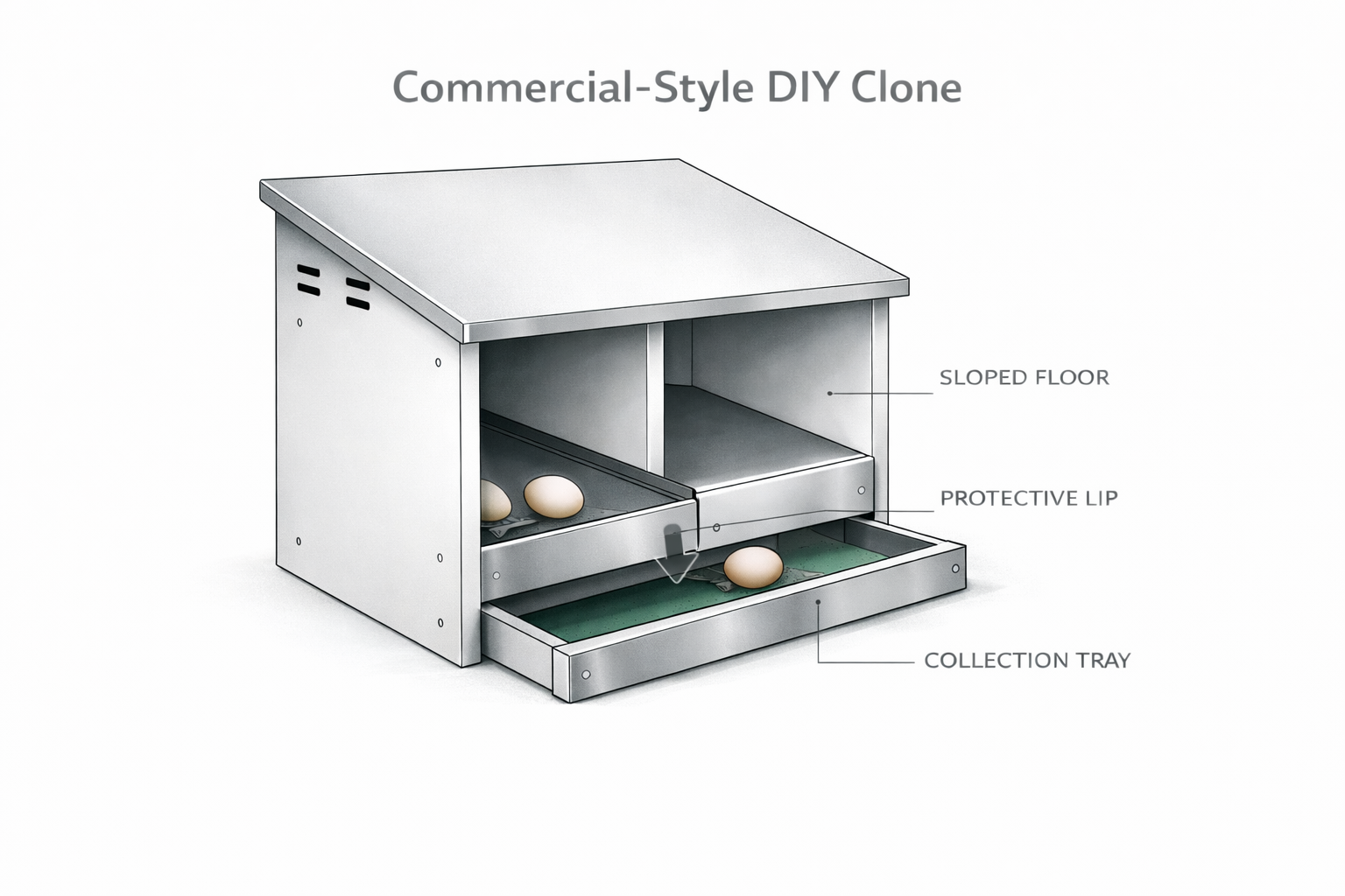 DIY roll-away chicken nest box modeled after commercial metal versions, with front tray and sloped floor inside a melamine-style box.