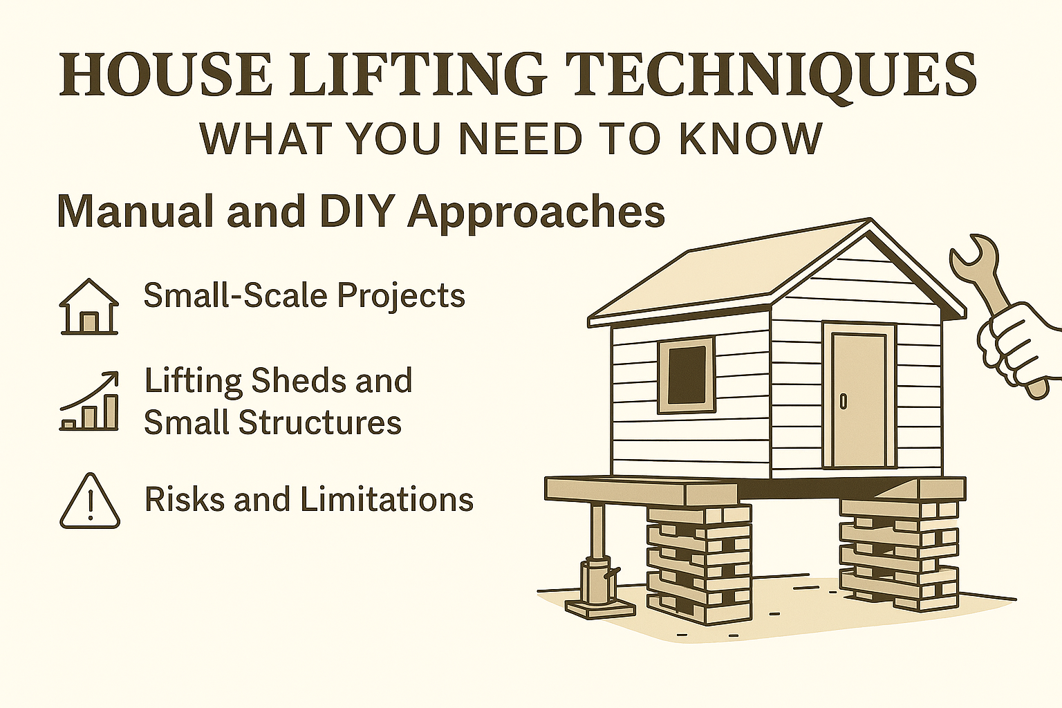 Infographic showing manual house lifting techniques for small structures like sheds