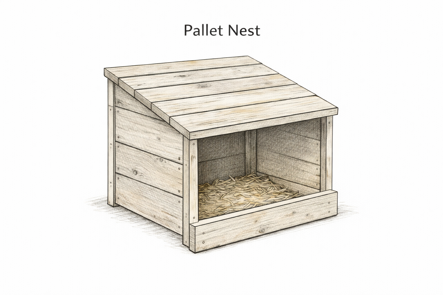 Pallet-wood chicken nest box with sloped roof and straw-lined nesting compartments.