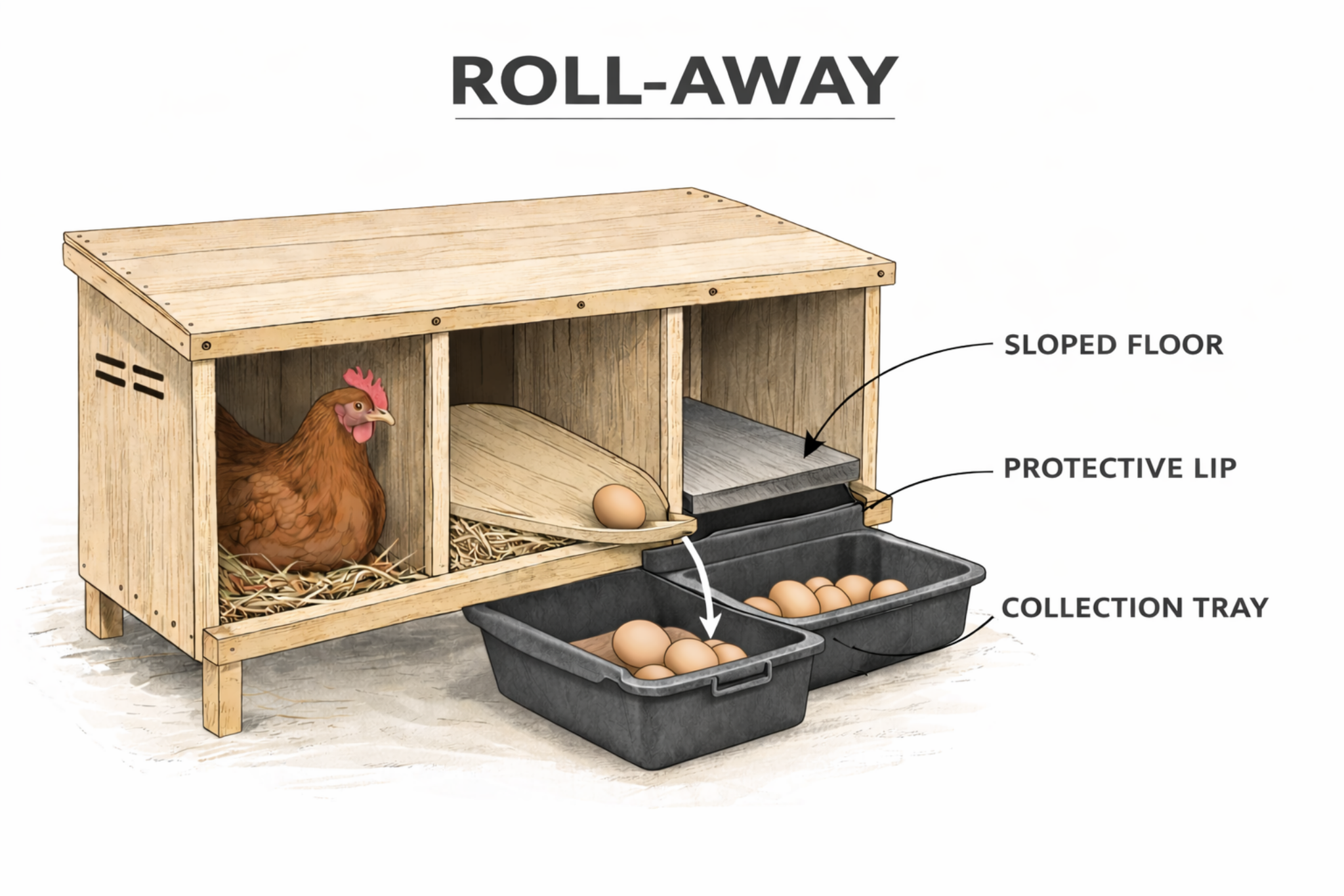 Roll-away chicken nest box diagram showing sloped floor, protective lip, and collection tray.