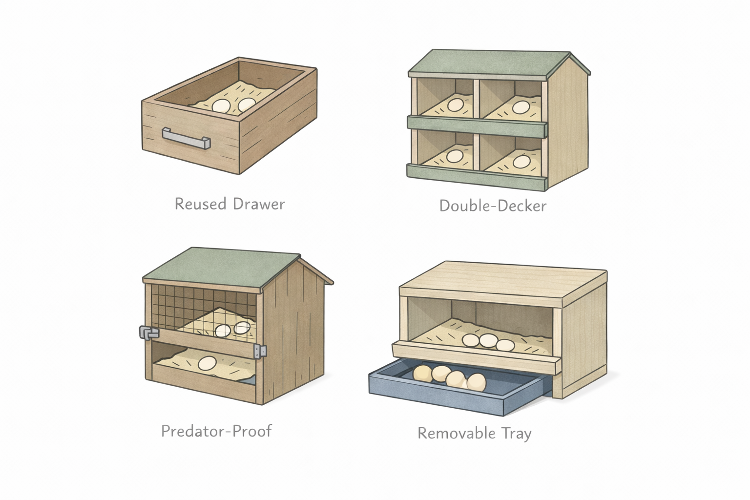Comparison diagram showing four DIY roll-away chicken nest box ideas.