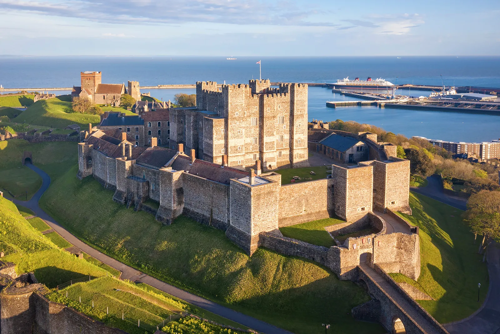 Medieval stone walls and fortifications of Dover Castle.