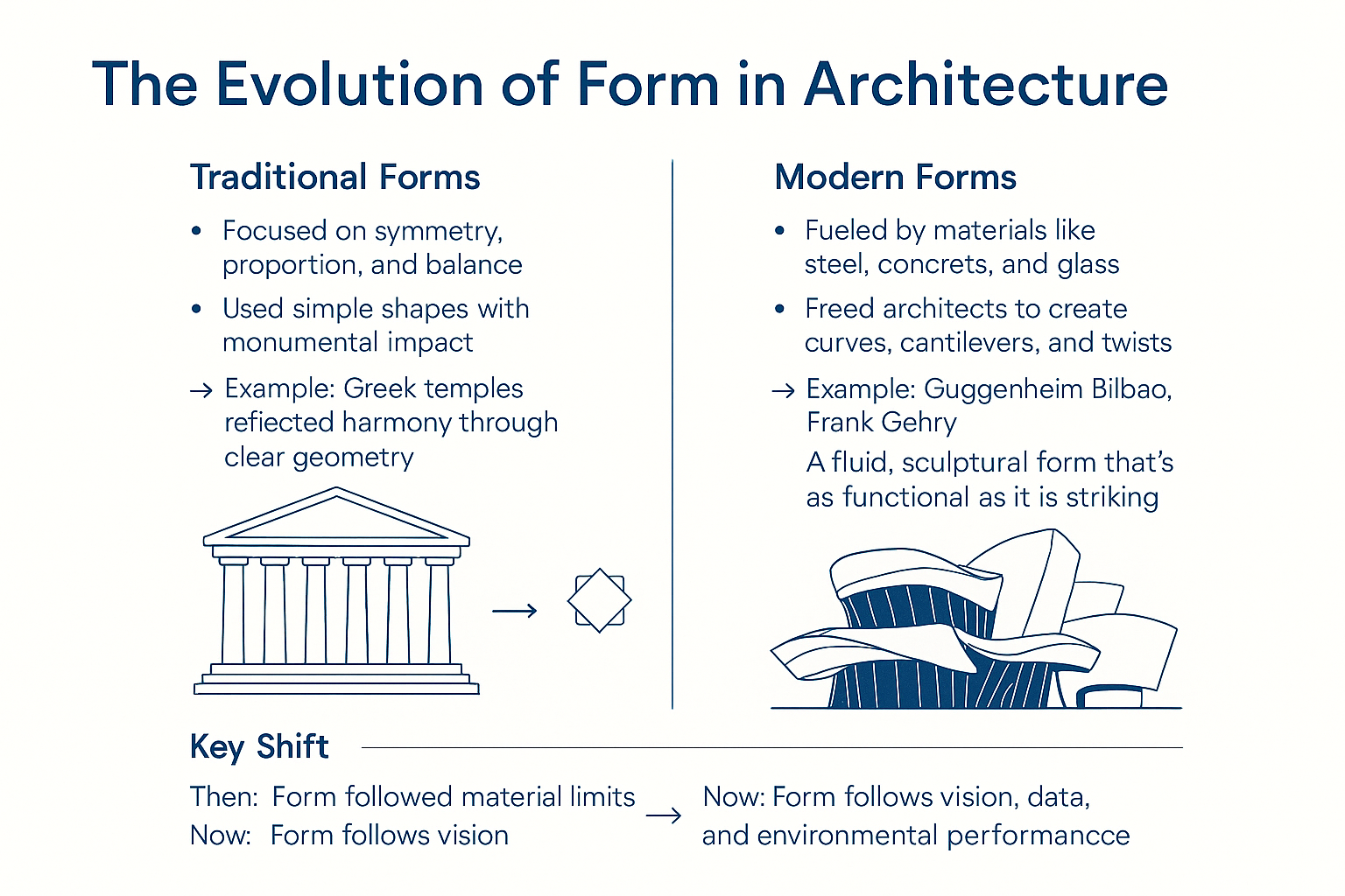 Comparison of traditional and modern architectural forms.