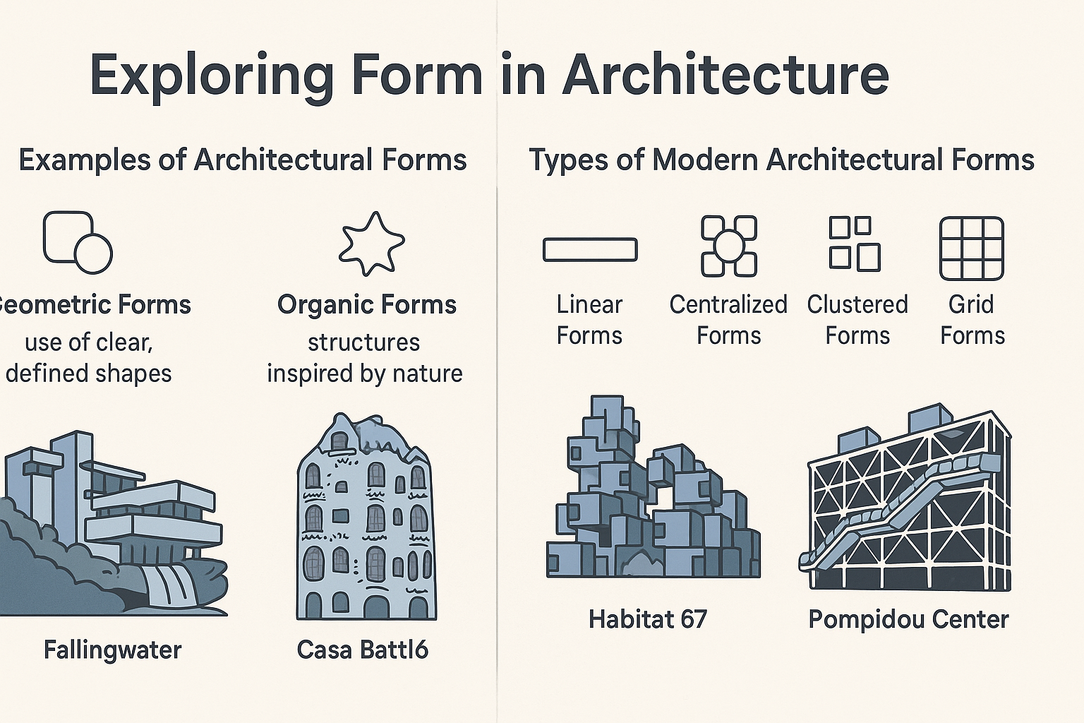 Examples of geometric, organic, linear, clustered, and grid architectural forms.