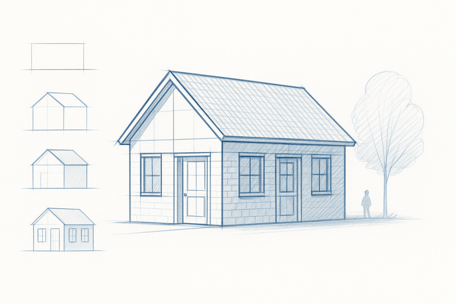 Complete architectural house sketch with roof, doors, windows, textures, and contextual elements like trees and people.