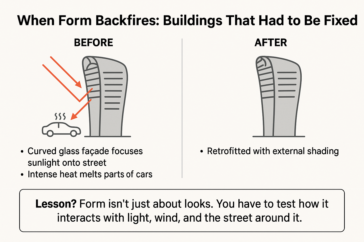 Before-and-after infographic of London's Walkie-Talkie Building showing how sunlight caused car damage and how external shading fixed it.