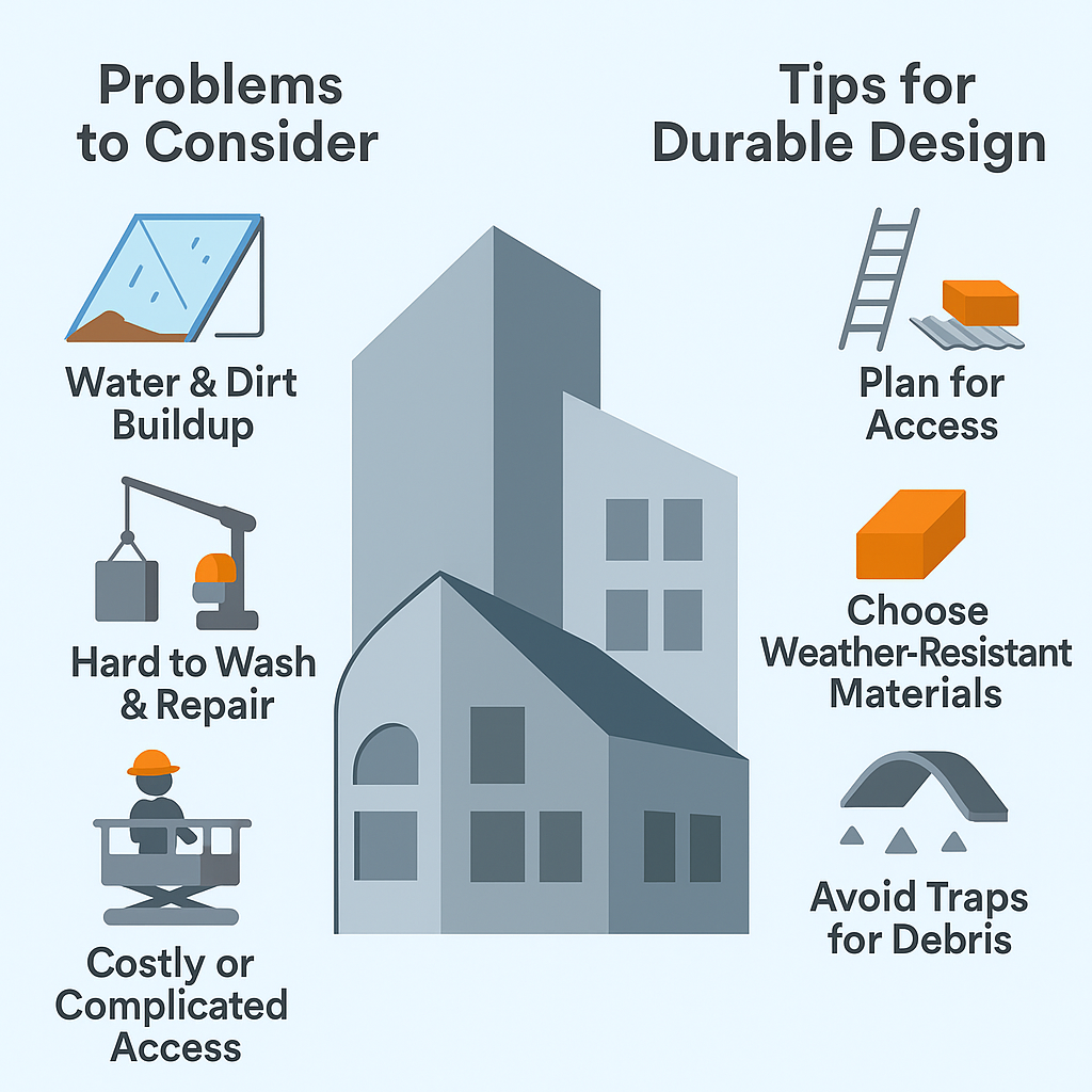 Infographic showing how building shape affects long-term maintenance, with tips and visual warnings.