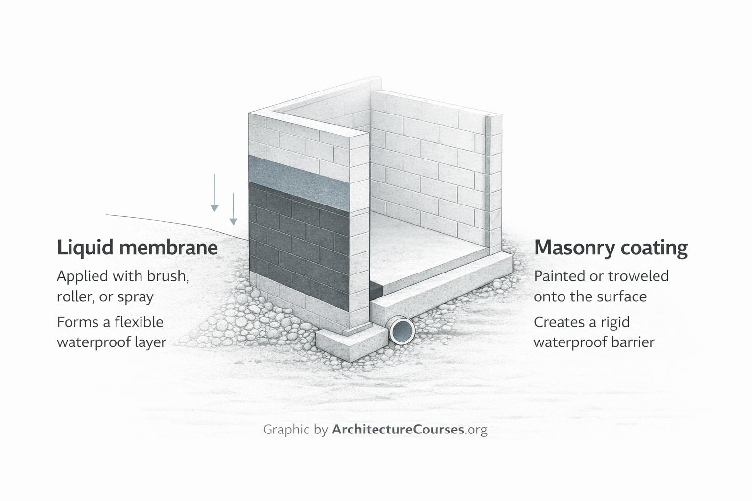 Liquid membrane vs cementitious foundation coating comparison on a basement wall section.