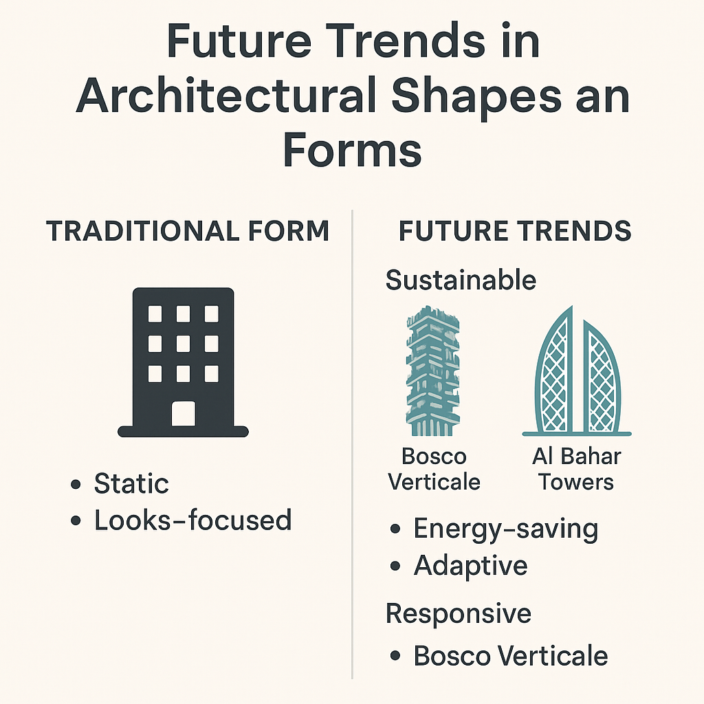 Infographic comparing traditional architectural forms with future trends like sustainable and responsive design.