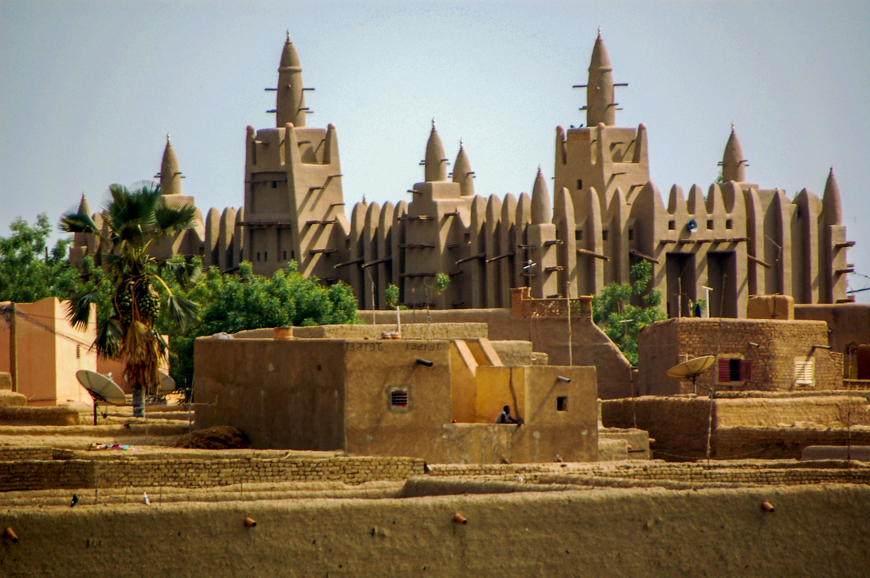 Earthen mosque with wooden beams and towers in Mali.