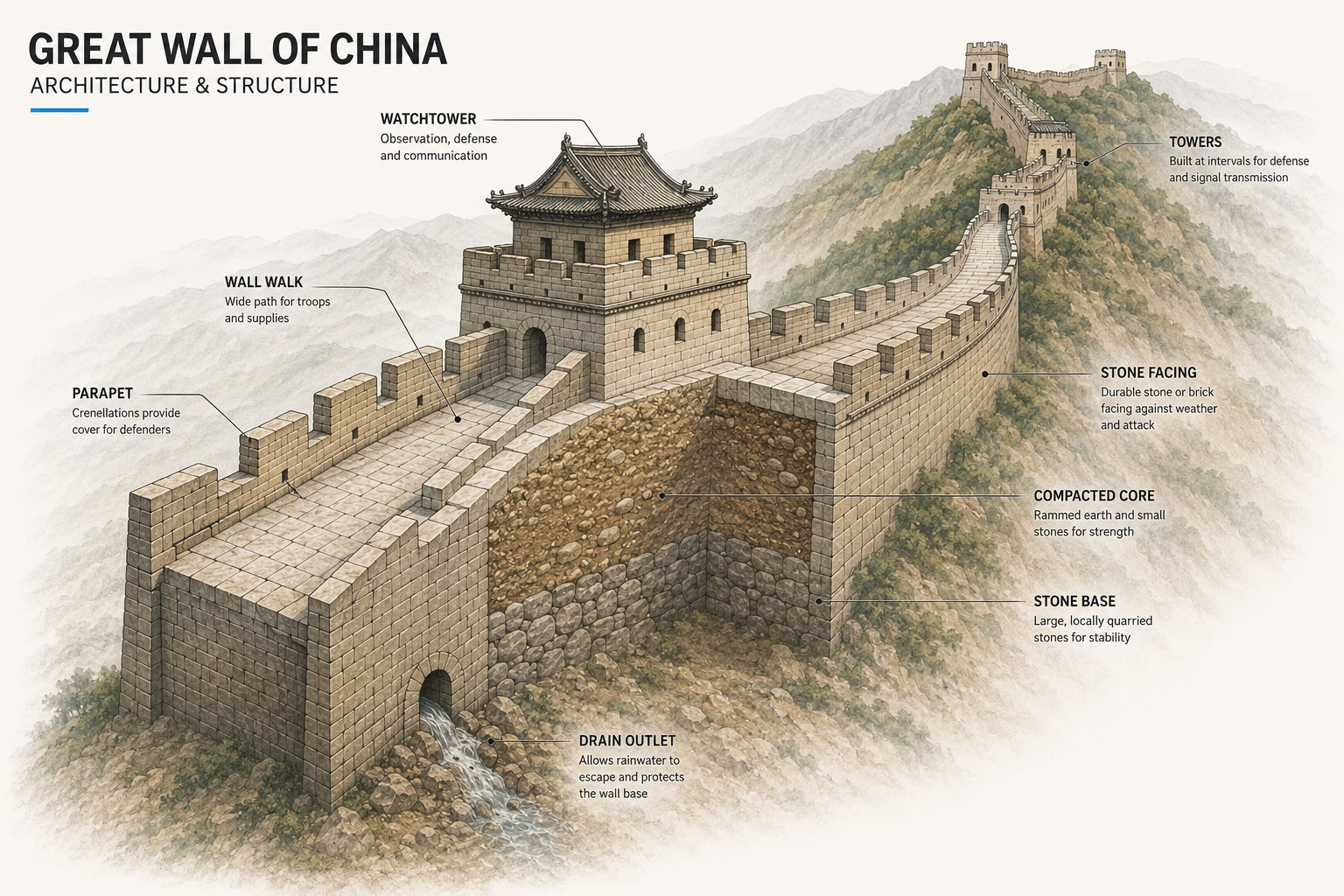 Great Wall architecture diagram showing a watchtower, wall walk, parapet, stone facing, compacted core, stone base, and drain outlet.