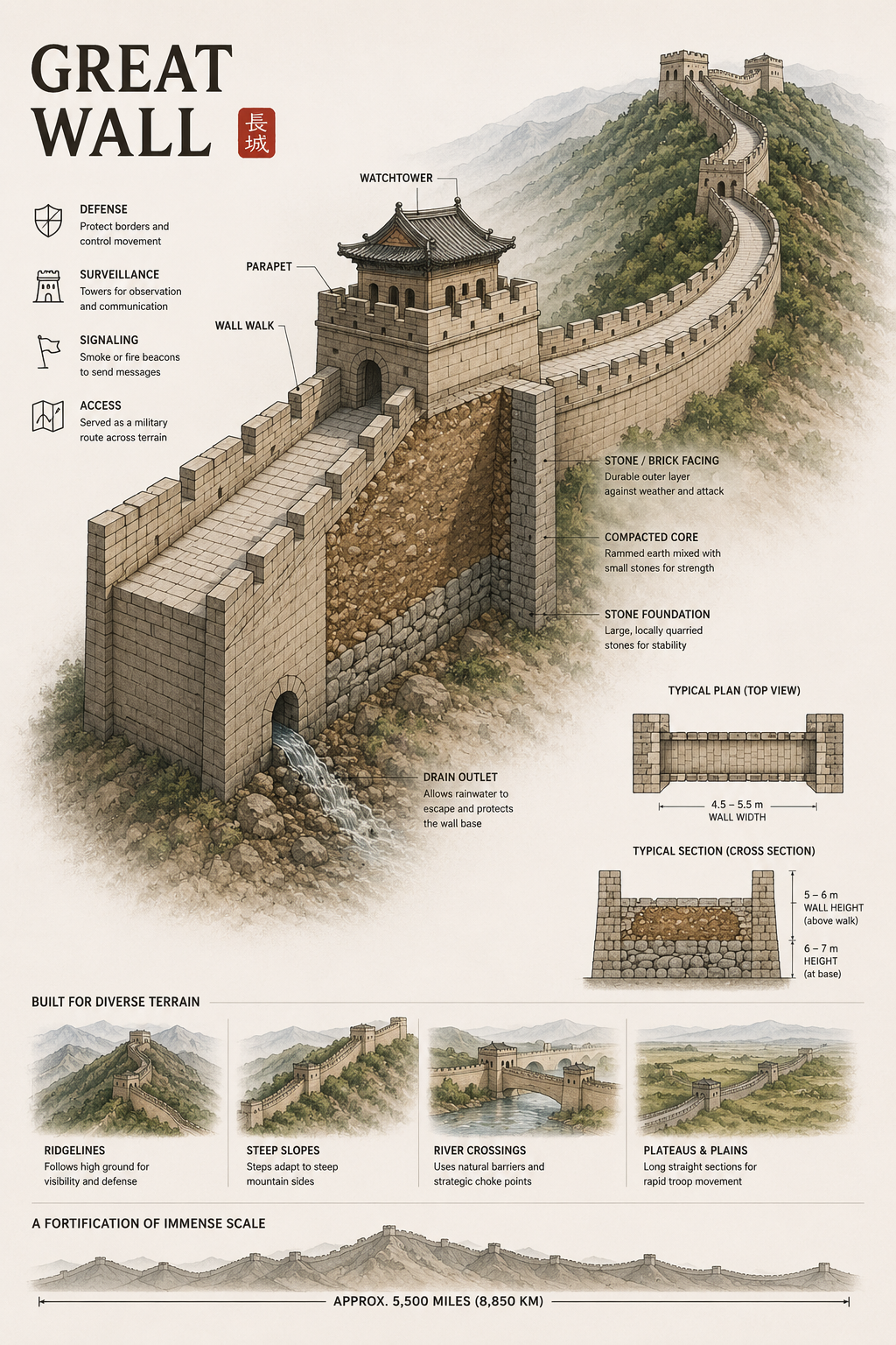 Great Wall structure section showing a watchtower, wall walk, parapet, stone facing, compacted core, stone base, and drain outlet.