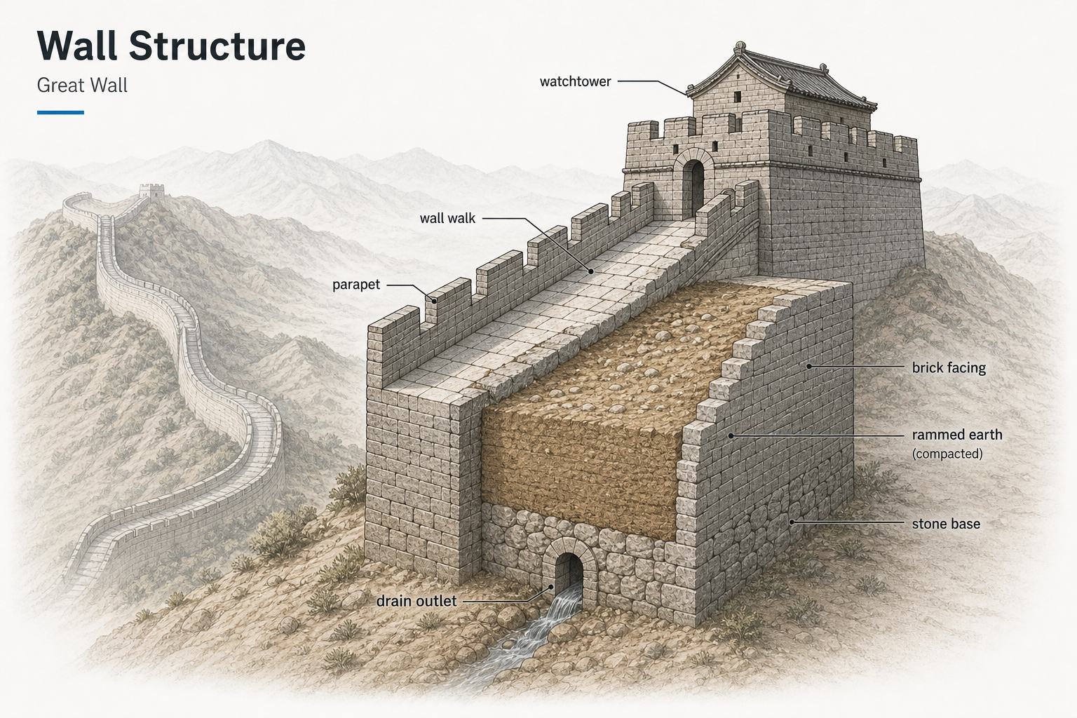Great Wall structure diagram showing a watchtower, wall walk, parapet, brick facing, rammed earth core, stone base, and drain outlet.