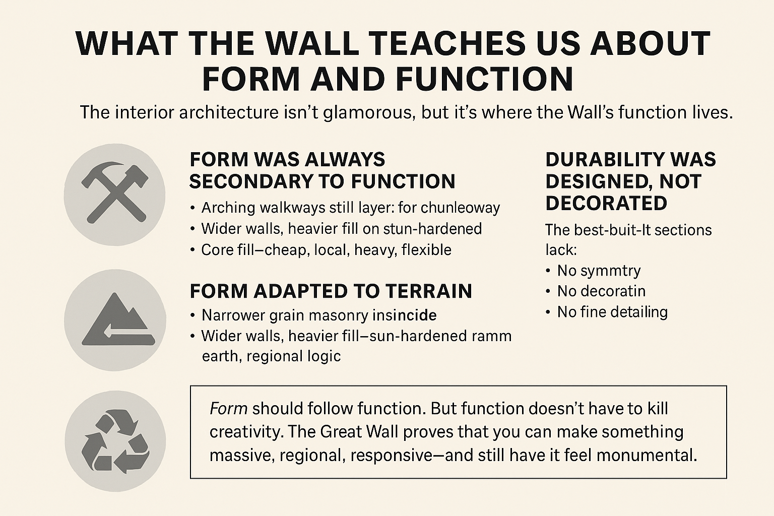 Infographic on form and function in the Great Wall’s design, showing how structural choices like drainage, terrain adaptation, and minimalism contributed to its strength.
