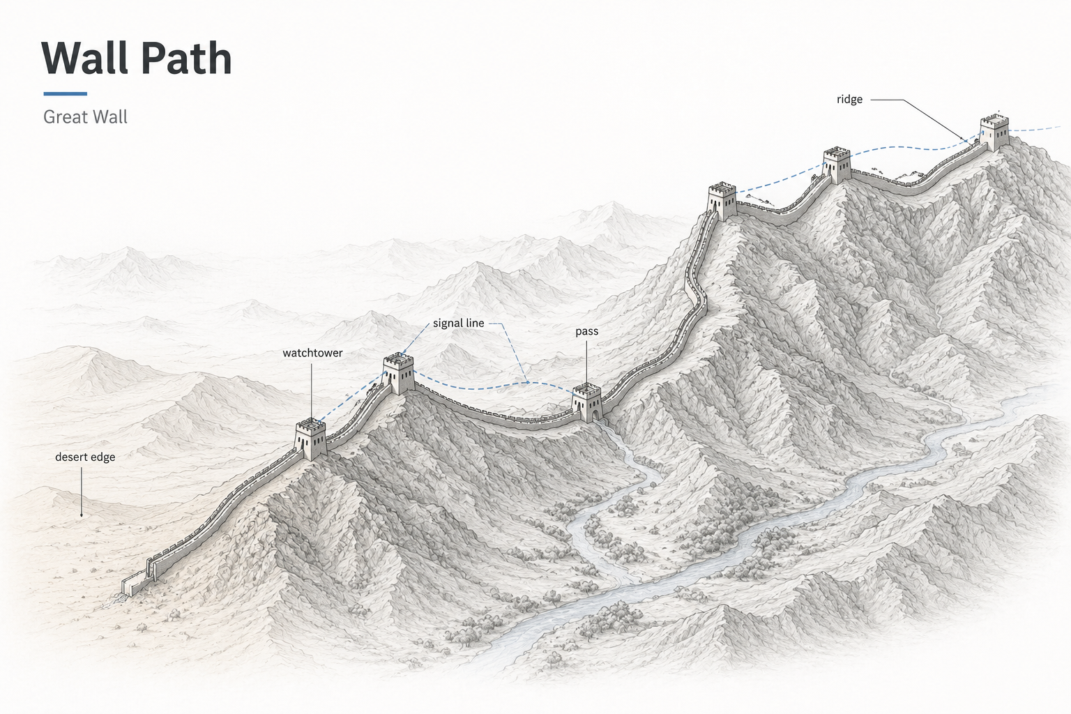 Great Wall path diagram showing the wall following ridges, watchtowers, a pass, signal line, river valley, and desert edge.