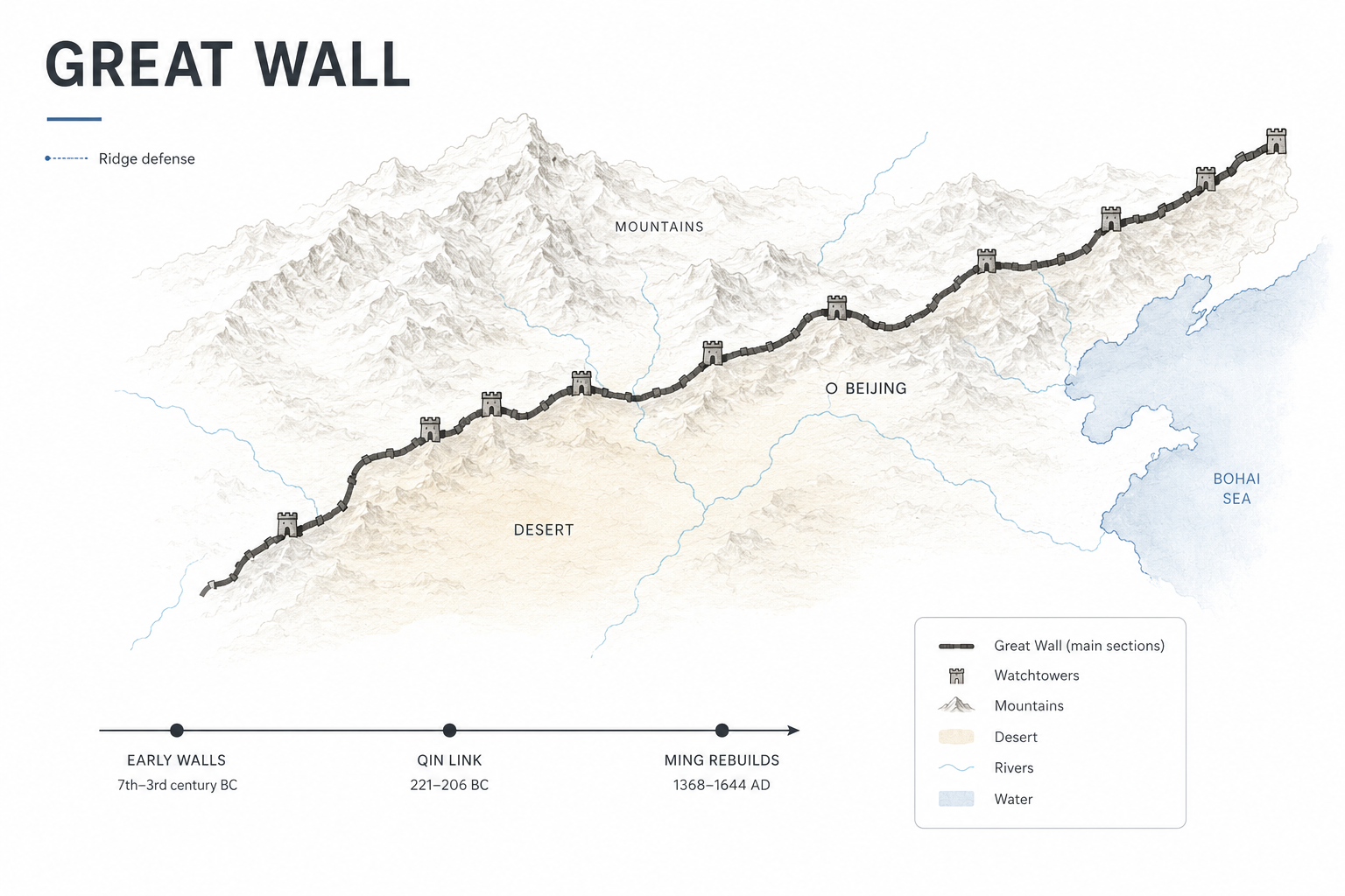 Great Wall of China map diagram showing wall sections, watchtowers, mountains, desert, rivers, Beijing, and the Bohai Sea.