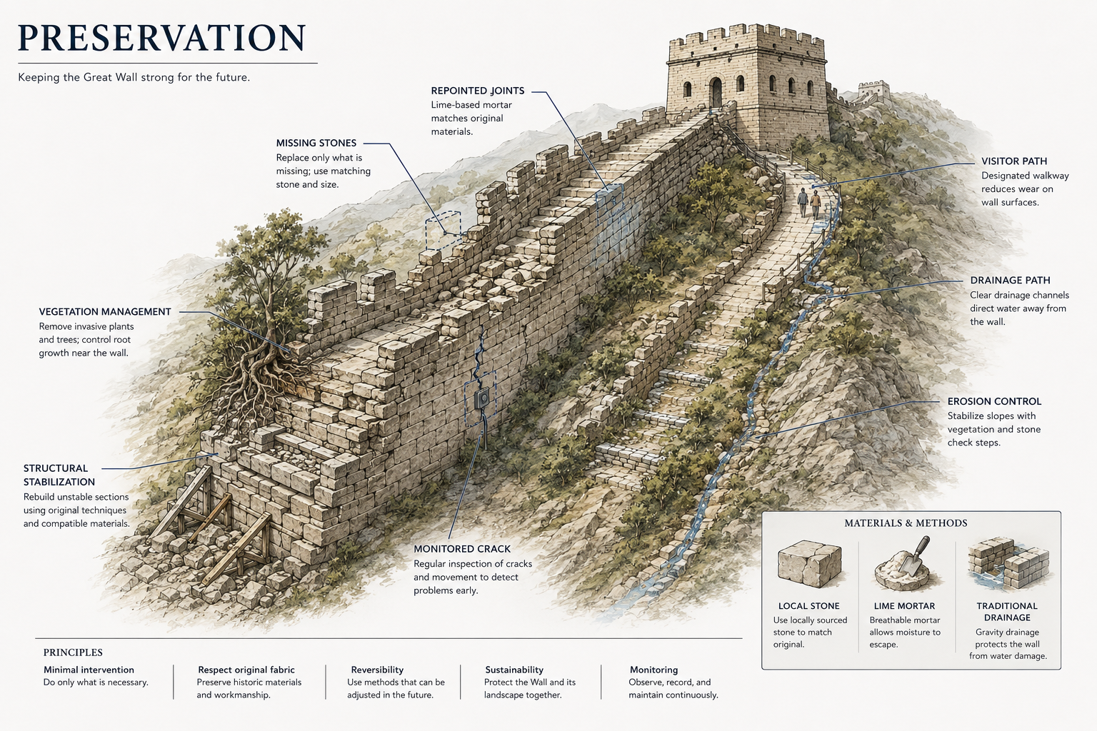 Great Wall preservation diagram showing missing stones, repointed joints, vegetation control, drainage, erosion control, visitor paths, and monitored cracks.