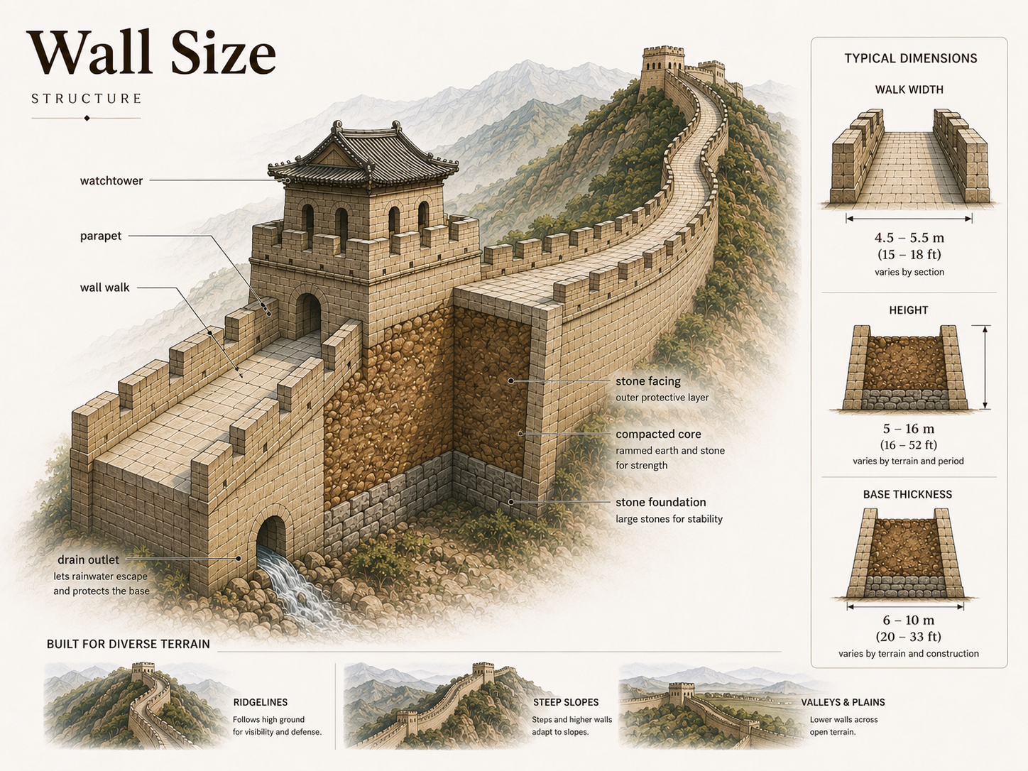 Great Wall size diagram showing wall walk width, height range, base thickness, watchtower, parapet, stone facing, compacted core, stone foundation, drain outlet, and terrain changes.
