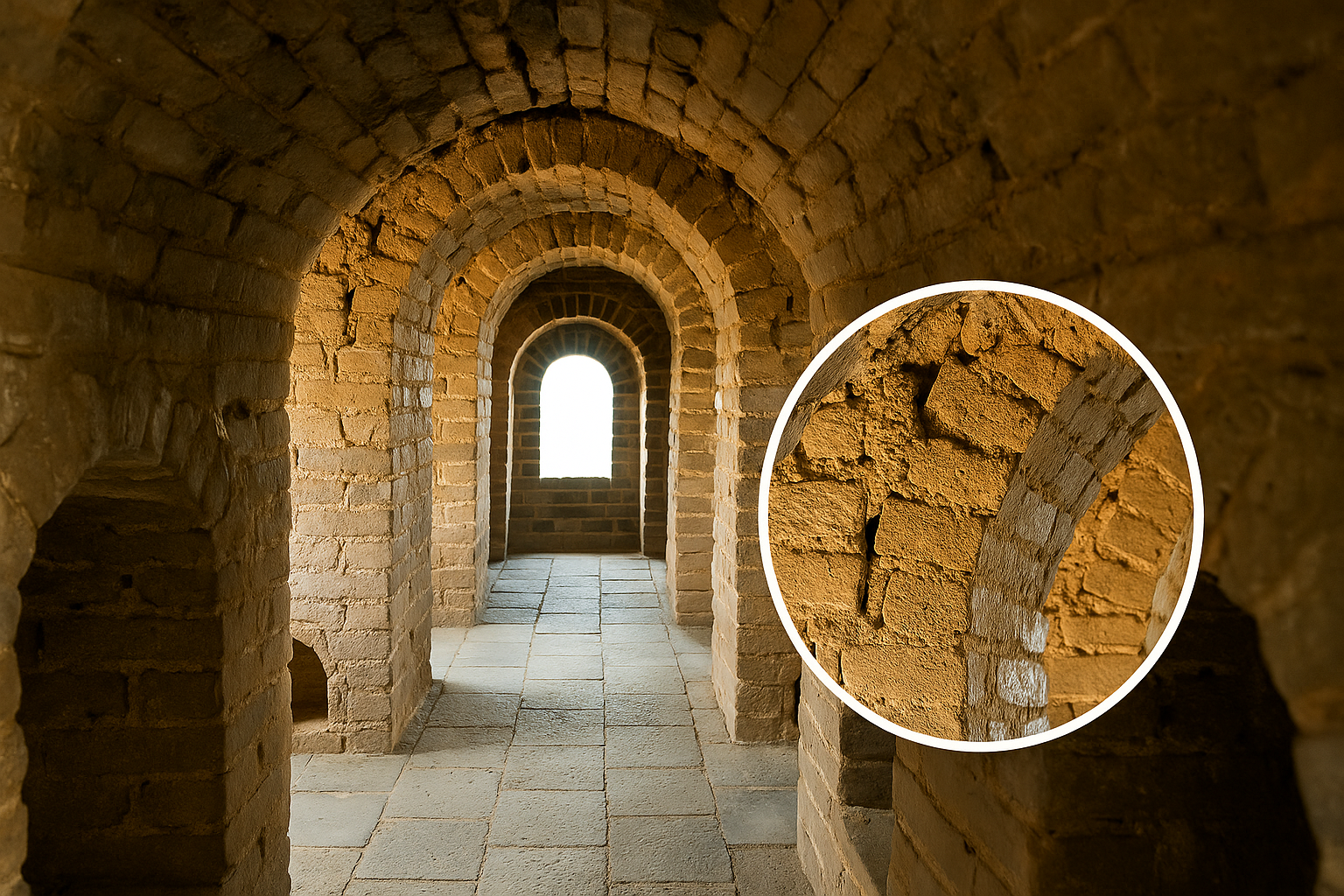 Interior of an ancient arched corridor inside the Great Wall of China with a zoom-in circle highlighting the brickwork details.