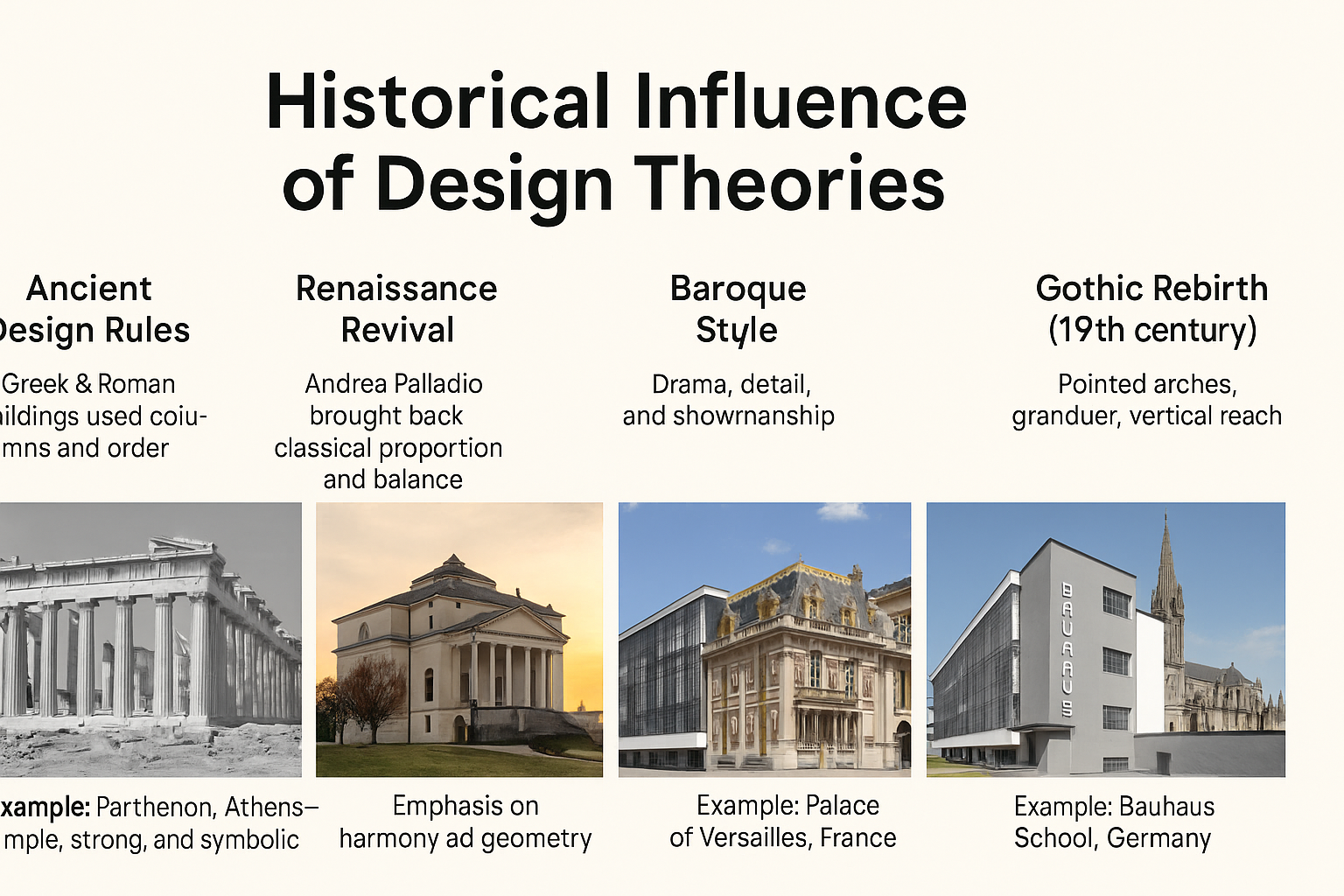 Infographic showing design theory evolution from ancient to modern architecture.