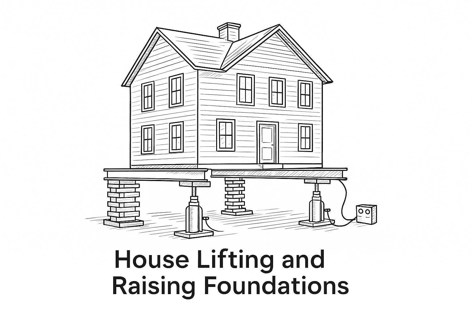 Line drawing of a house being lifted on hydraulic jacks with cribbing blocks beneath