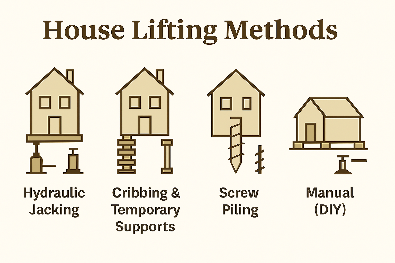 Visual comparison of house lifting methods including jacking, cribbing, screw piling, and manual