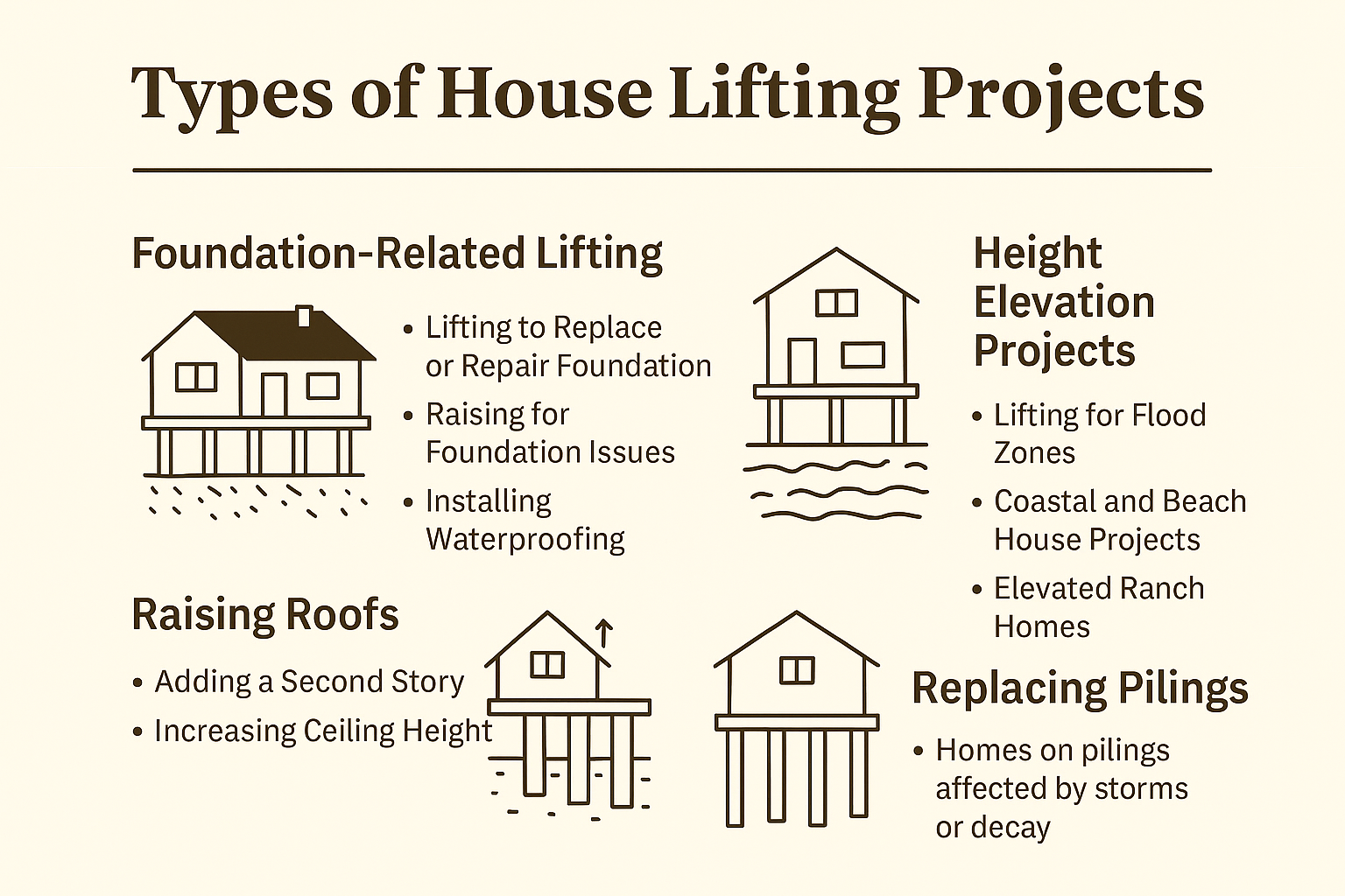 Infographic showing types of house lifting projects including foundation repair, flood elevation, roof raising, and piling replacement