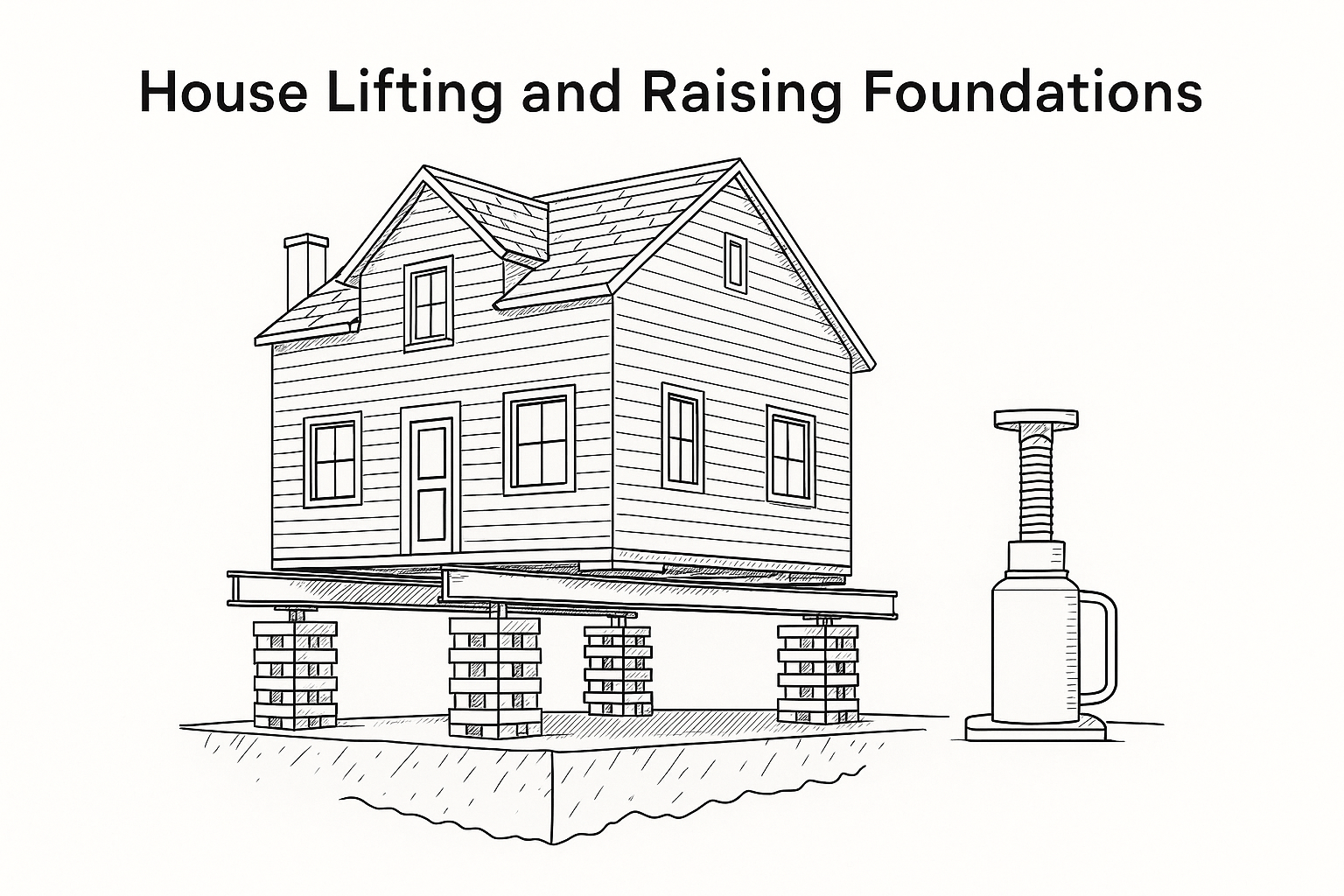 Home lifted with hydraulic jacks for foundation work.